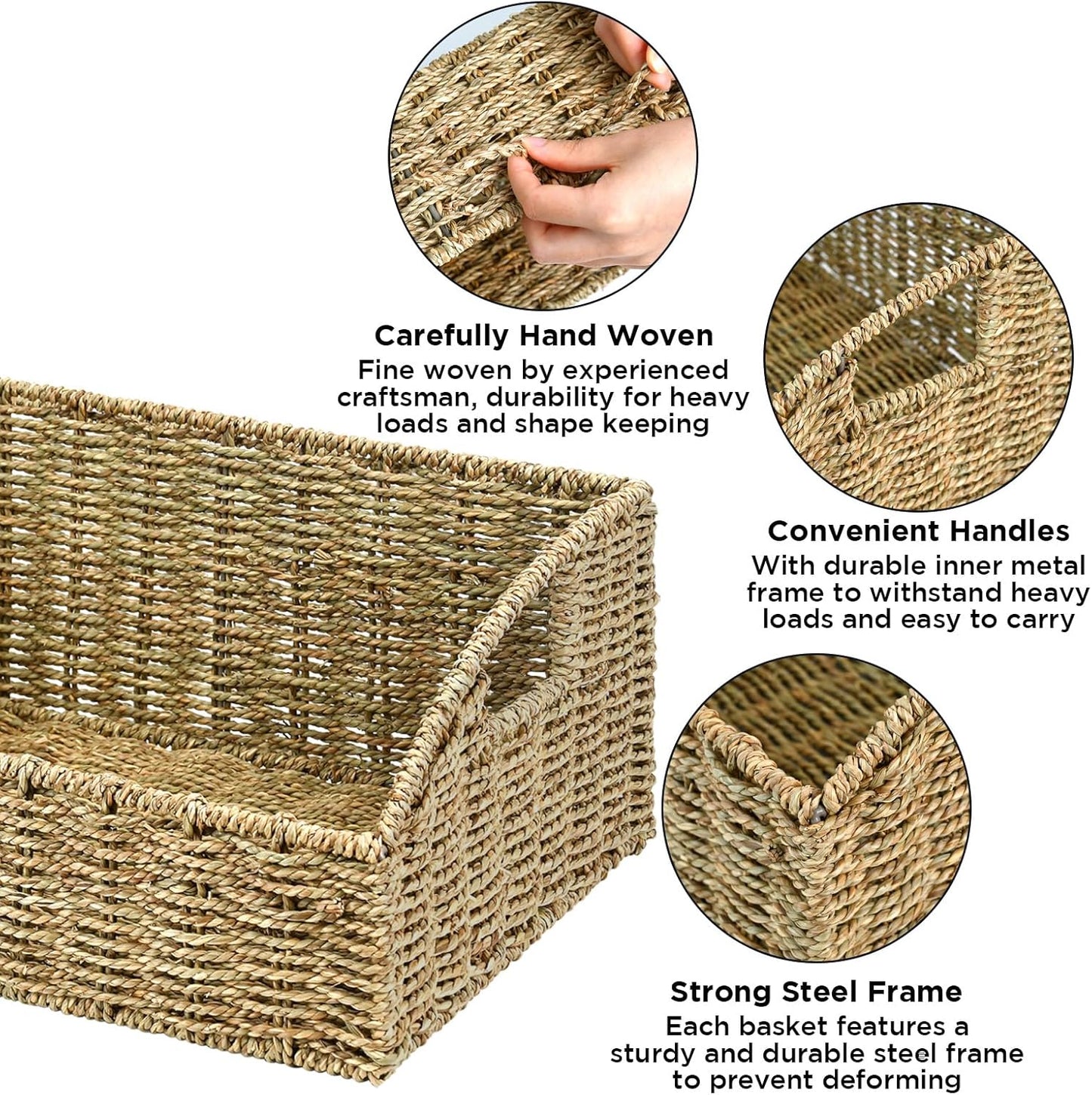 Ollieroo Natural Seagrass Storage Baskets, Handwoven Wicker Storage Bins with Built-in Handles, Storage Container Baskets for Shelves, Bedroom, Bathroom, Laundry Room or Kitchen(Green)