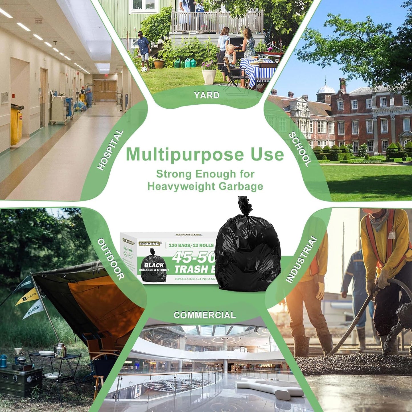 45-50 Gallon Black Trash Bags 120 Count - 38''x47'' Large Garbage Bags Unscented, 40+ Gallon Trash Can Liners, Multipurpose for Office, Outdoor, Yard and Commercial