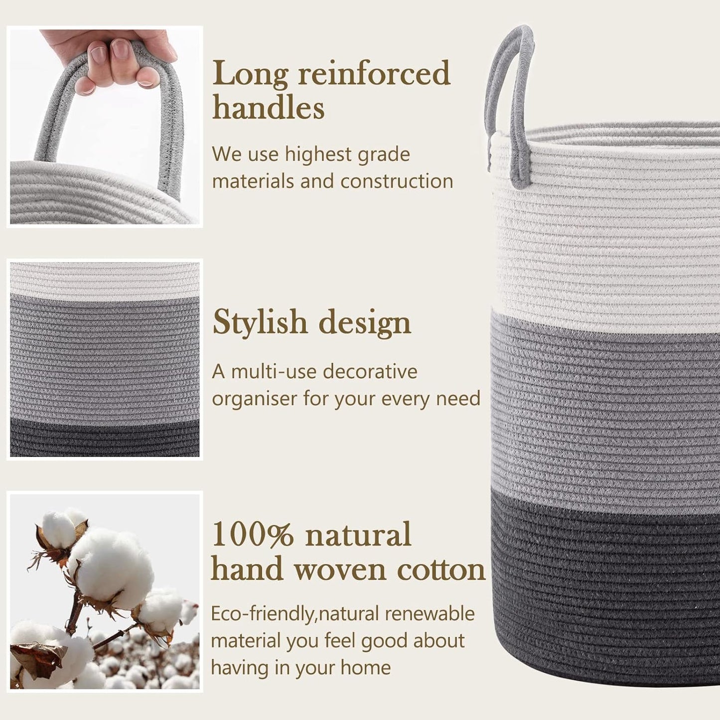 YOUDENOVA Woven Rope Laundry Hamper Basket, 58L Tall Luandry Basket, Baby Nursery Hamper for Blanket Storage, Clothes Hampers for Laundry in Bedroom-Large-Dark Grey