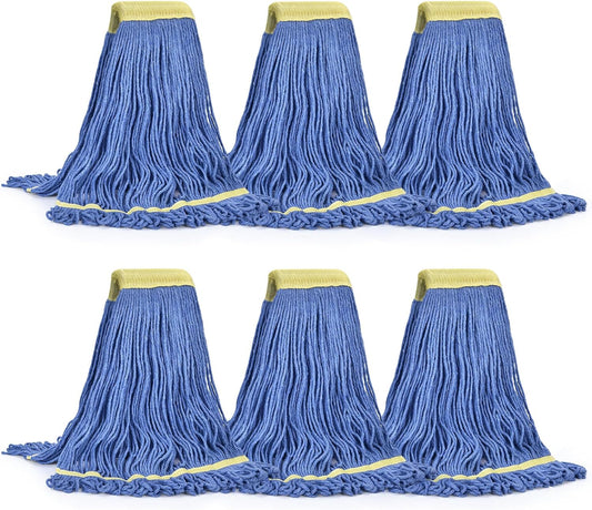 Matthew Cleaning Commercial Mop Head Replacement, 5 Inch Wide Headband, Looped End Cotton Blend String Wet Mops for Floor Cleaning, 24 oz Large, 6-Pack Blue