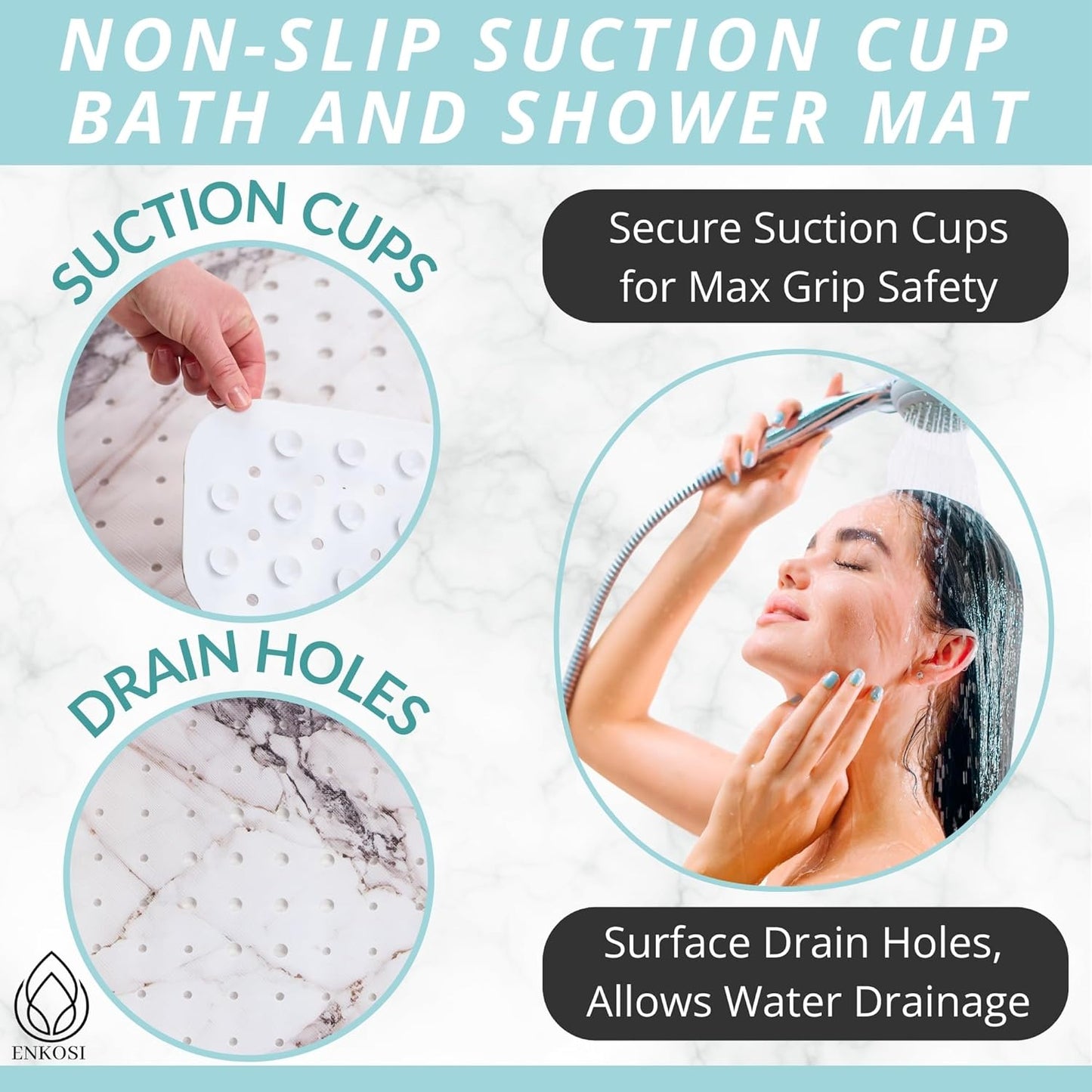 ENKOSI Bath Mat – Large 40 x 16 Inch Non-Slip Bathtub Mat with Suction Cups & Drain Holes – Extra Long Shower Mat for Tub with Marble Print Design (Grey Marble 40x16)