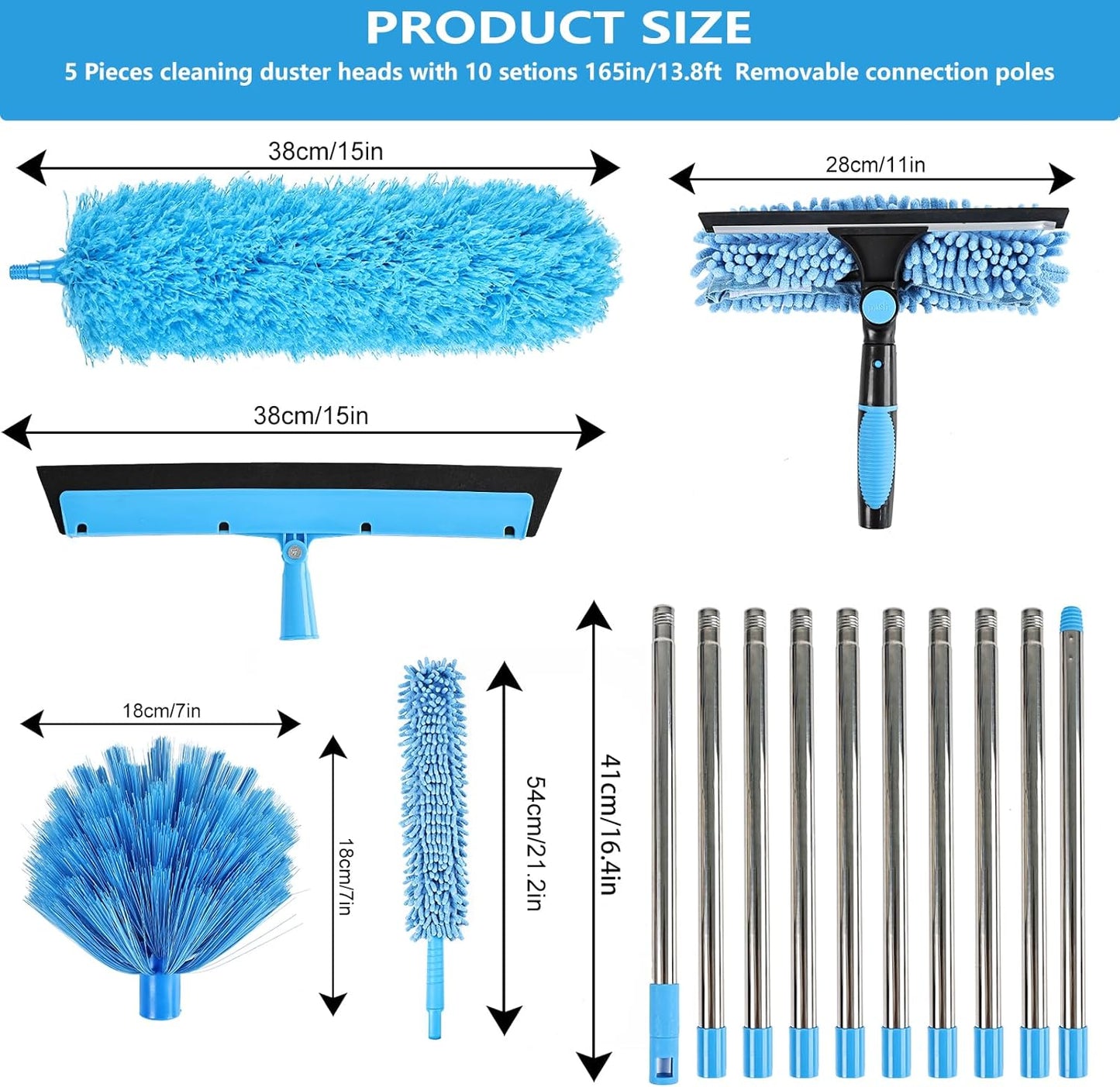 High Reach Duster Kit with14 ft Extension Pole High Ceiling Dusting and Window Cleaning Kit with Spliceable Pole - Cobweb Duster, Fan Blade, Window Washer & Squeegee and Feather Dusters