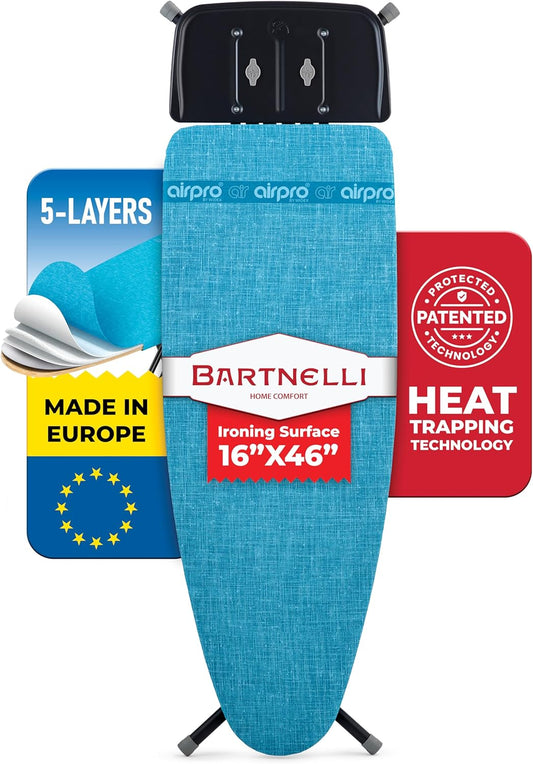 Bartnelli Next-Generation Innovative Wooden Top Ironing Board, with Breakthrough Patented 5-Layered Steam-Reflecting Cover, Made in Europe, Adjustable Height, 4 Heavy Duty Durable Steel Legs, 46x16”