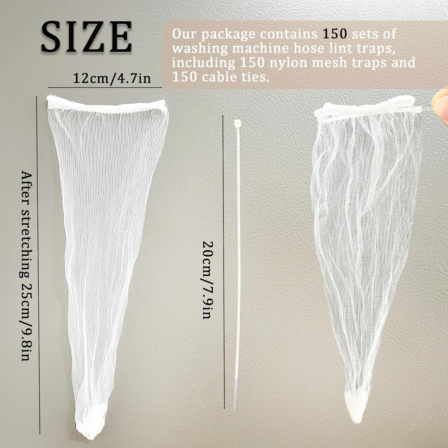 150 Pack Lint Traps for Washing Machine Hose - Washer Hose Lint Catcher Laundry Hair Catcher Includes 150 Nylon Mesh Lint Traps and 150 Cable Ties Fits Most Washing Machine (Disposable)