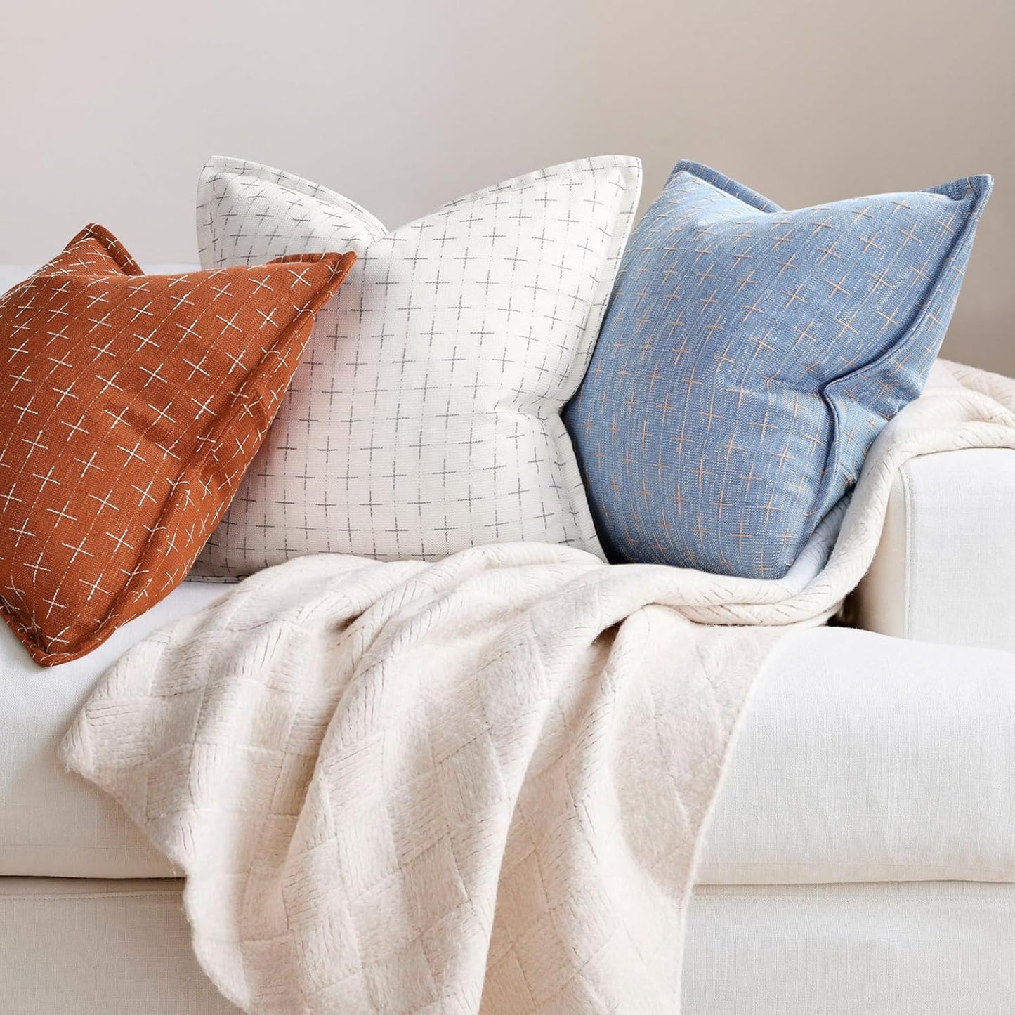 ZWJD Pillow Covers 18x18 Set of 2 Soft Polyester Textured Pillow Covers with Stylish Flange Edge Cozy Farmhouse Throw Pillows for Couch Bed Sofa Living Room
