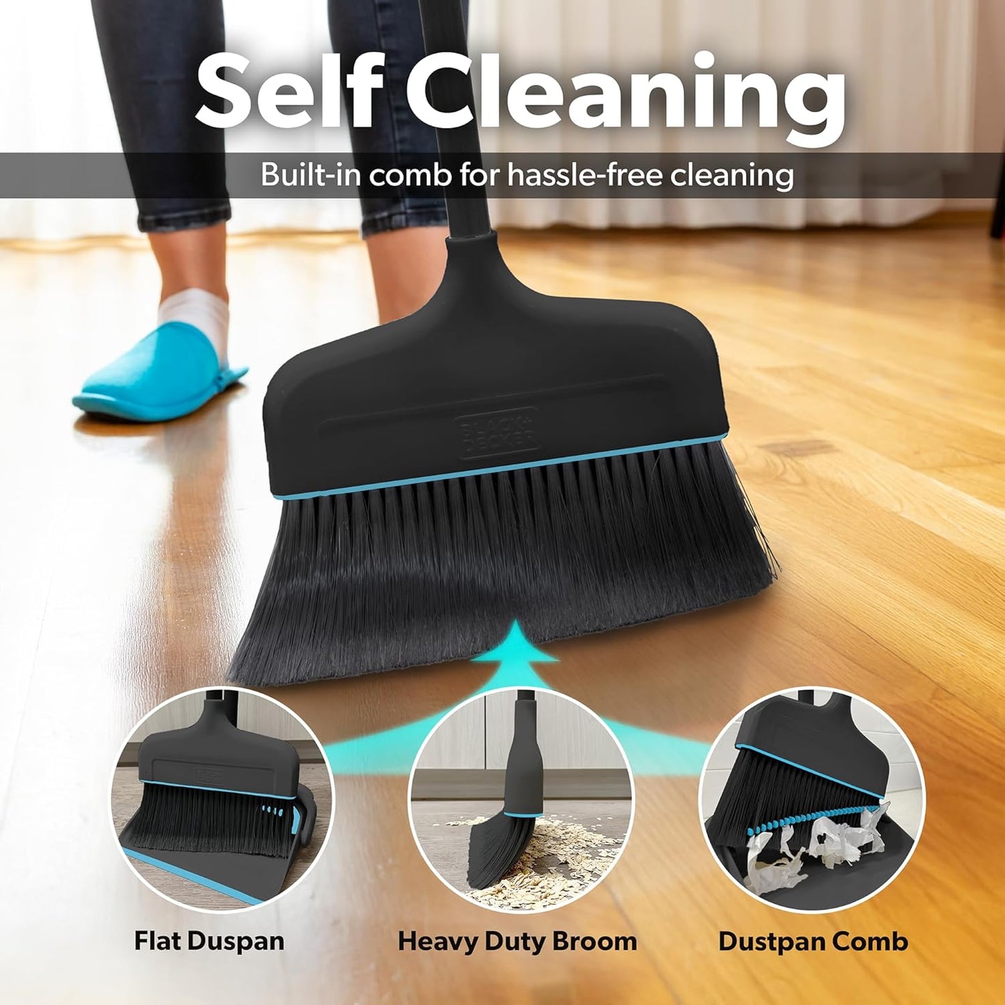 BLACK+DECKER Butler Broom & Dustpan Set - Short Handle, Stand-Up Design - Lightweight, Space-Saving Combo for Kitchen, Living Room, Bathroom, Lobby Floors - Home Cleaning Essential, Black/Blue