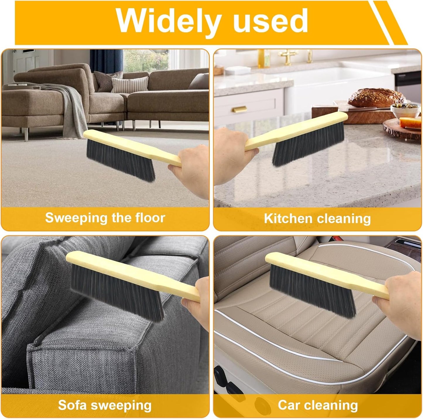 2 Pcs Hand Broom Brush, Wooden Handle Soft Bristle Cleaning Dust Brush，for Furniture, Bed, Car, Bench, Crevice Cleans, Sofa, Fireplace, Clothes (Straight Handle)
