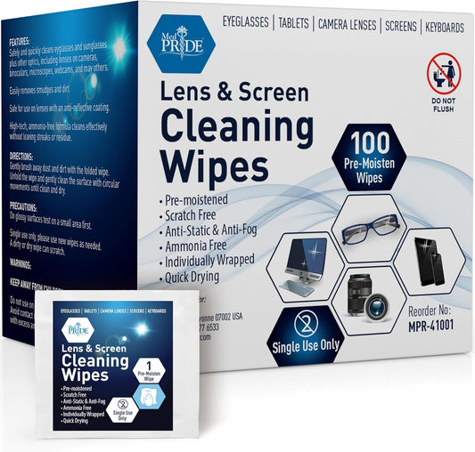 MED PRIDE Lens and Screen Cleaning Wipes for Eyeglasses, Touch Screens, Cameras, Anti-Fog, Scratch-, Anti-Static (100 100 Count (Pack of 1))
