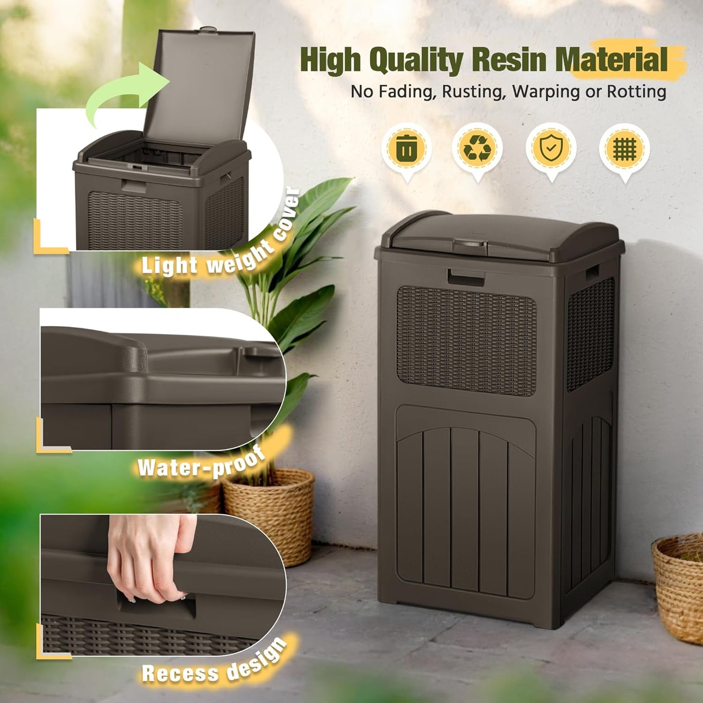Devoko 33 Gallon Outdoor Trash Can, Hideaway Garbage Bins with Tiered Lid, Waterproof Resin Outside Waste Bins for Patio, Outside Pool, Backyard and Deck(1, Deep Brown)