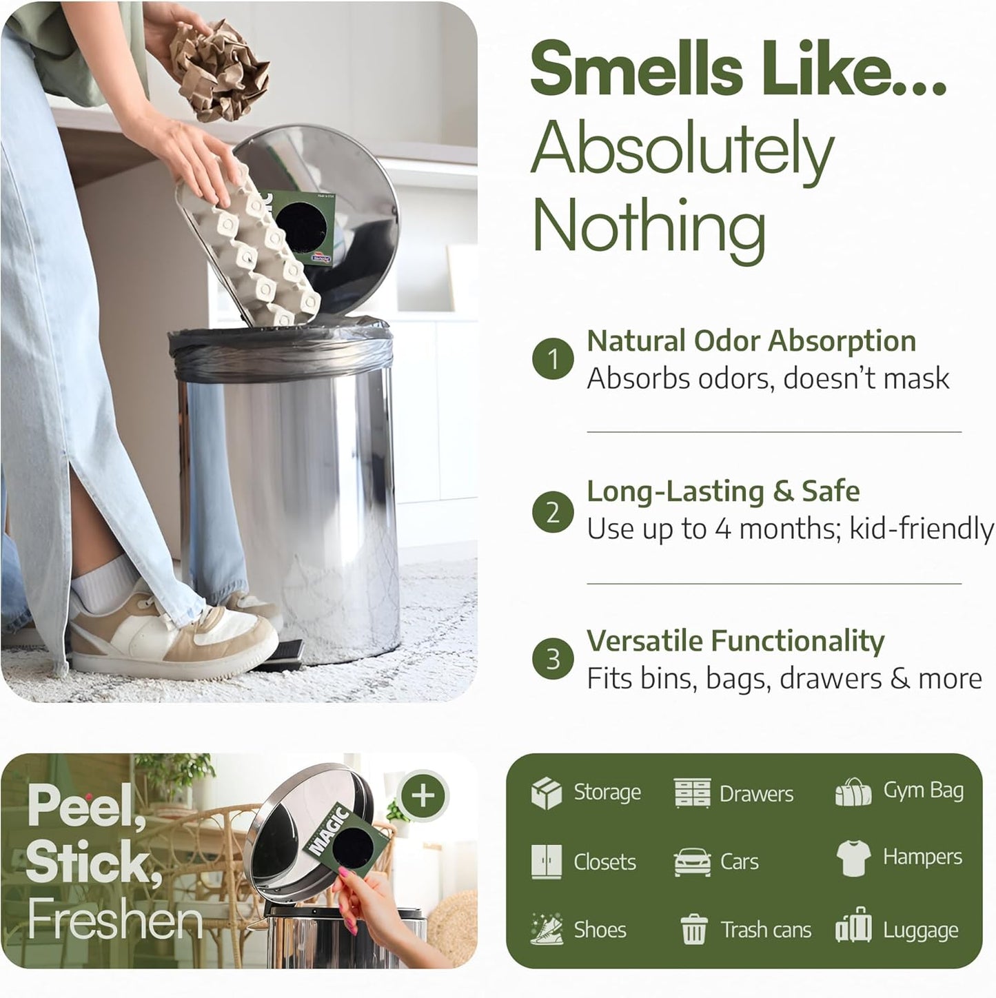 Odor Magic - Activated Charcoal Fridge Deodorizer - Better than Baking Soda - Peel & Stick Kitchen Deodorizer & Air Freshener for Trash Cans, Fridge, Compost, Drawers - Made in USA (1 Pack)