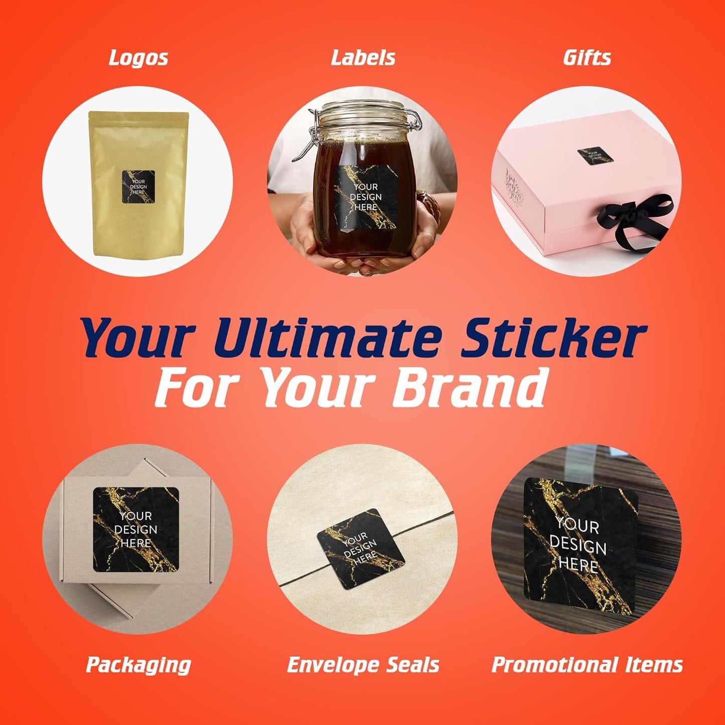 100 Custom Vinyl Stickers - Upload Your own Image, Text, Design, Logo - Personalized Logo Labels for Handmade, Packaging, Bottle, Jars, Candle, Brand Stickers (Black Gold Marble, 4x4 Square)