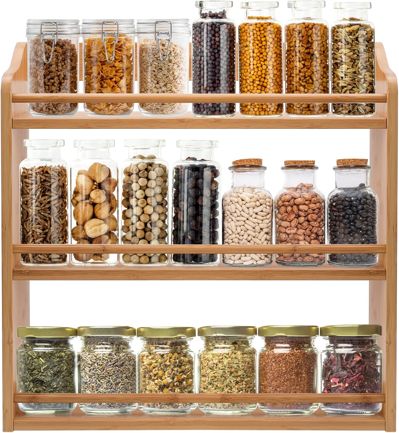 3 Tier Bamboo Spice Rack, Seasoning Jars Rack Shelf Spice Organizer for Kitchen Counter or Wall Mounting