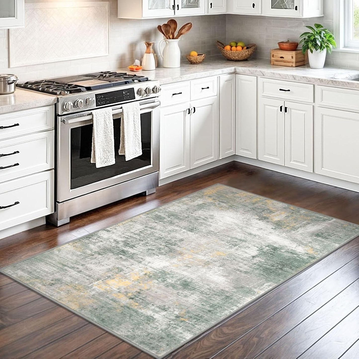 IOHOUZE Abstract Area Rug 3x5 Ft Washable Rugs for Entryway Indoor, Non Slip Kitchen Rug Printed Faux Wool Throw Rugs, Indoor Door Mat for Door Entrance Foyer Living Room, Light Green/Gray/Orange