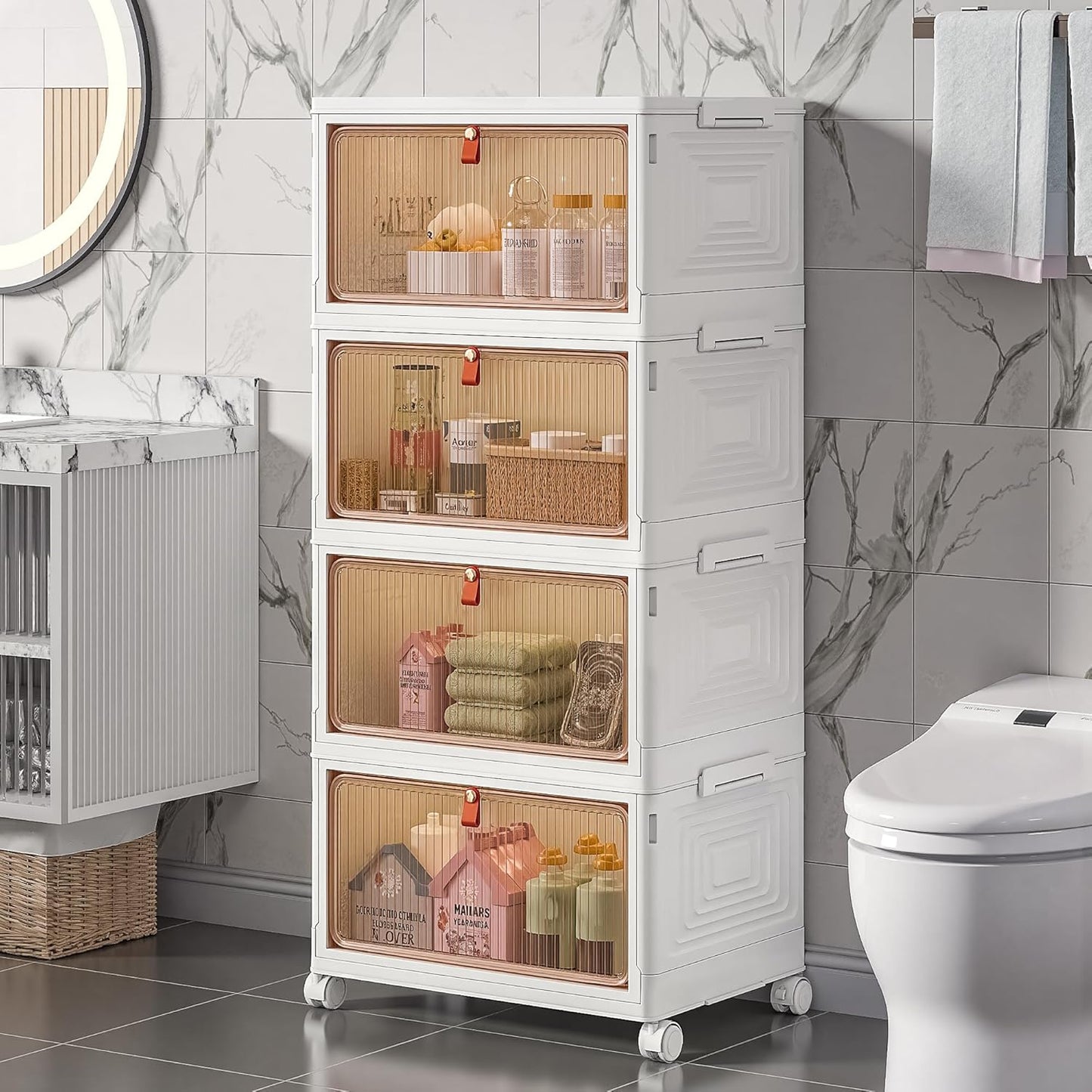 VECELO 4 Tier Storage Bins with Lid, Stackable Storage Boxes with Magnetic Doors & Wheels, Foldable Storage Containers, 23 QT Closet Organizers and Storage for Living Room, Office, Dorm