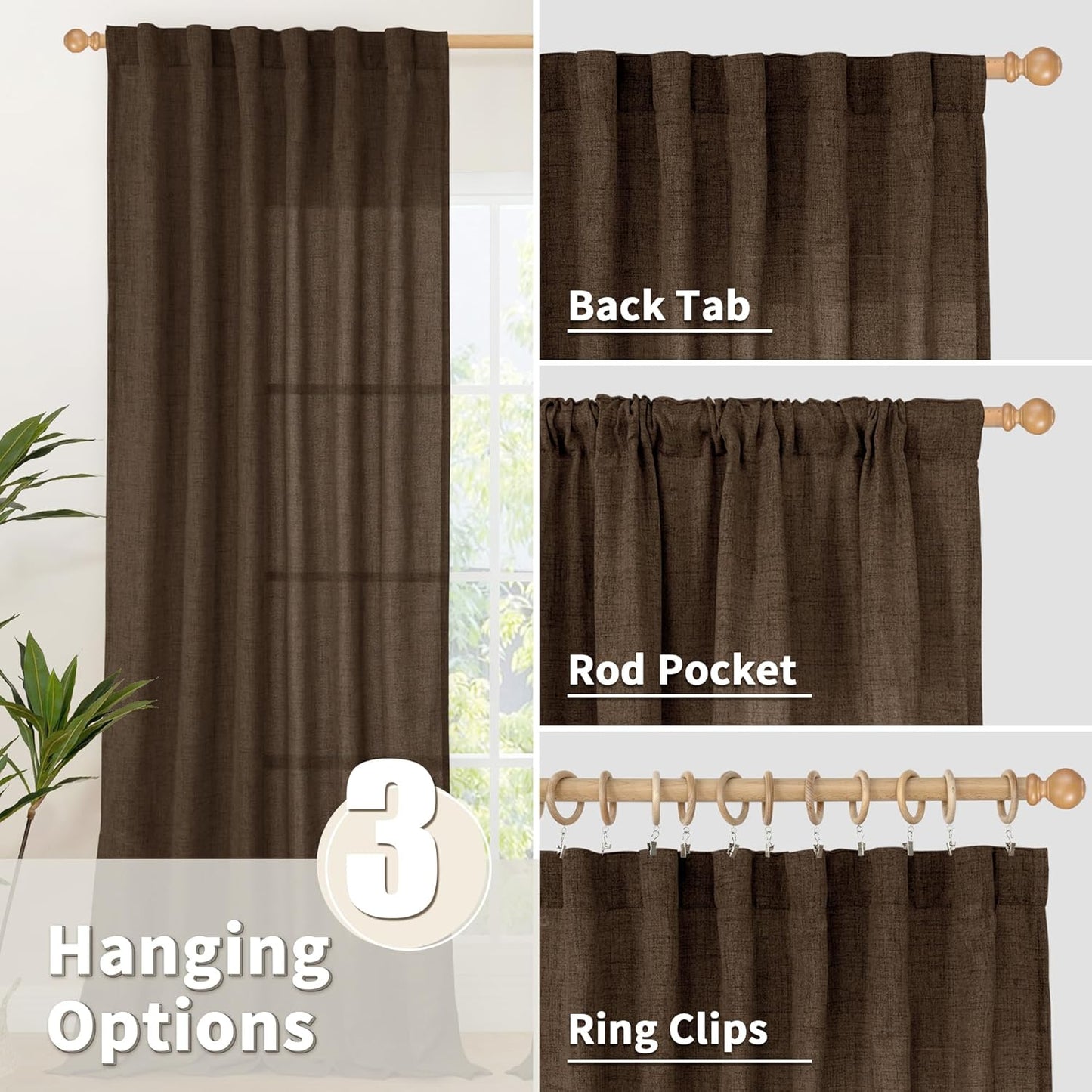 YoungsTex Brown Linen Curtains 80 Inch Length for Living Room, Semi Sheer Window Drapes with Rod Pocket Back Tab Light Filtering for Farmhouse Dining Room Bedroom, 2 Panels, 52 X 80 Inch
