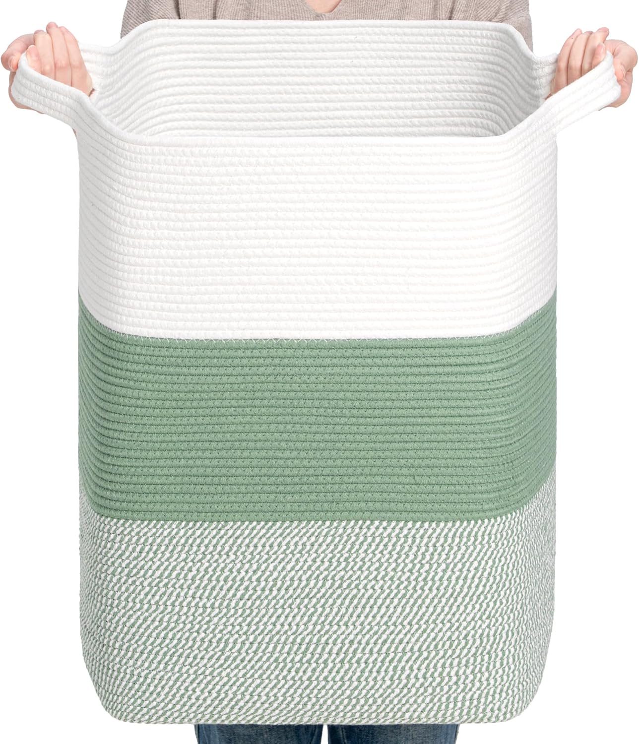 CLHMILY&Z 75L Laundry Basket Rectangular Green Rope - 16x13x22 Inches - Dirty Clothes and Soft Storage Bin for Blankets, Toys, and Nursery Essentials