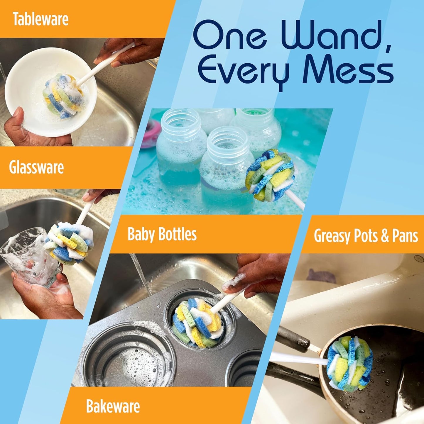 Compac Home Dish SpongeWand Plus Tri Surface Scrubbing Sponge with Cello Foam Scour Sponge Petals, Cleans Dishes, Glassware 360 Scrubber Pads for Tough to Clean Pots Pans, Multi-Color, (Pack of 6)