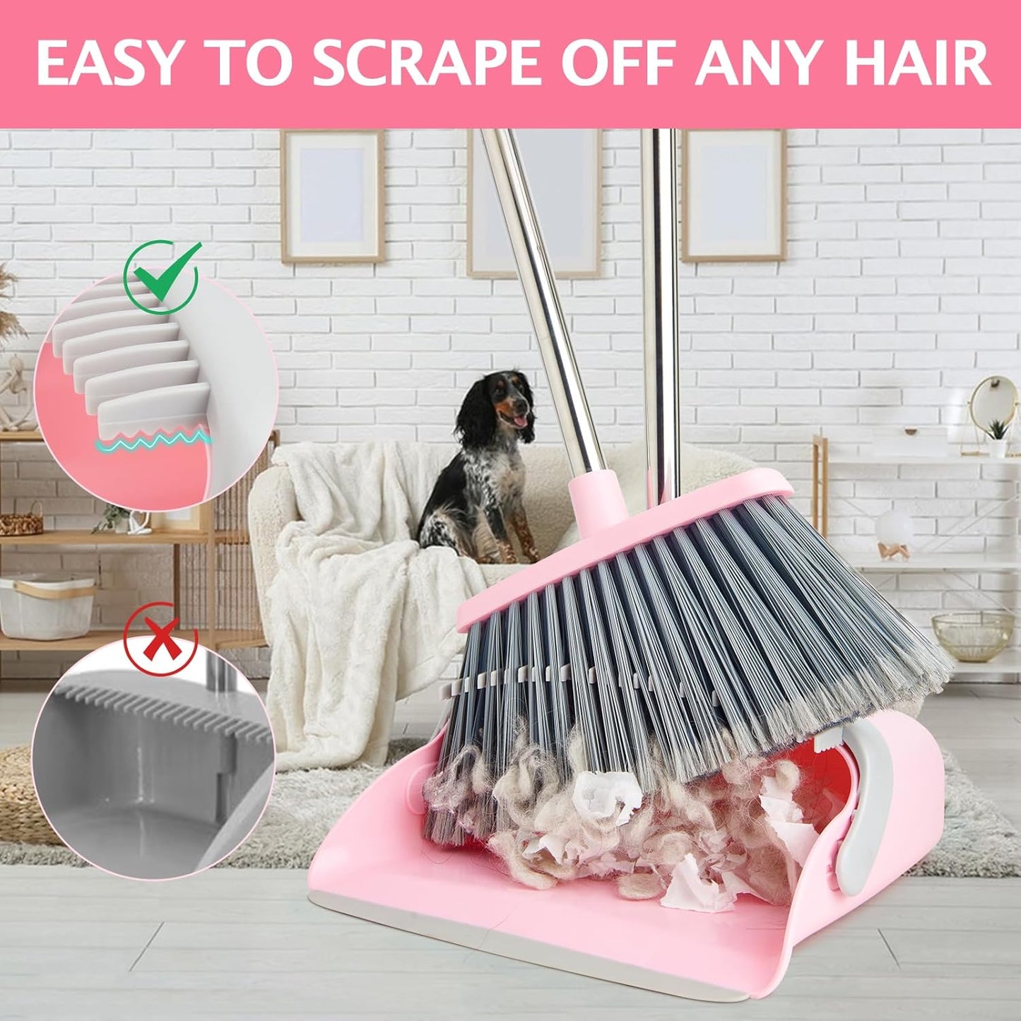 Broom and Dustpan Set, Dustpans with Broom Combo for Home, Heavy Dust Broom and Dustpan Combo, Long Handle Dust Pan and Broom Set for Kitchen, Office, Pet Hair(Gray Pink)