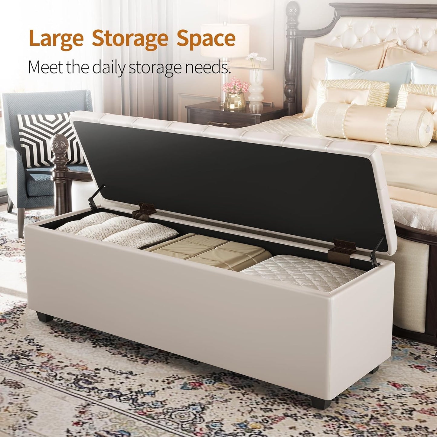 Small 38 Inches Long White Ottoman Bench with Storage,Footstool Furniture End of Bed Benches,Faux Leather Ottomans and Seat for Foot Rest in Bedroom, Living Room, Entryway