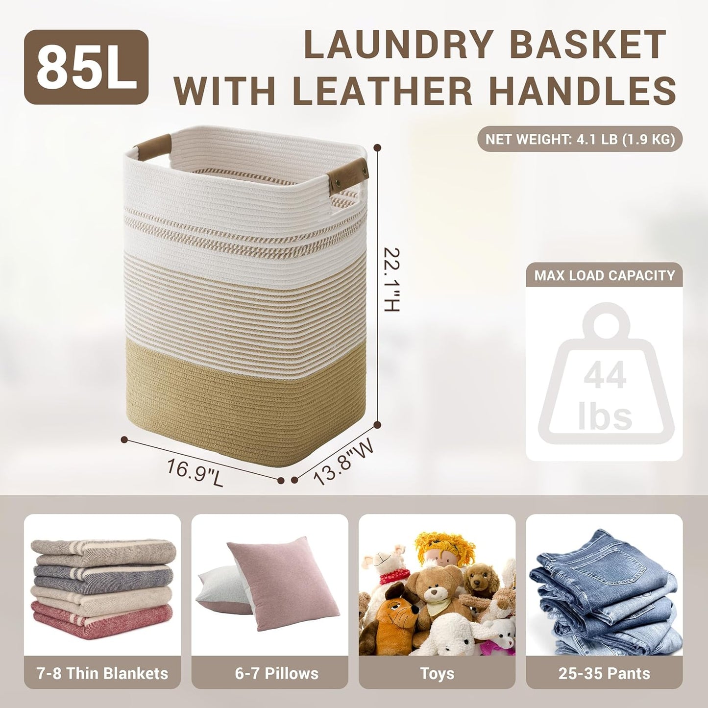 85L Tall Laundry Hamper with Handles for Living Room Storage, Extra Large Woven Rope Baskets Bin for Blanket, Kids Toy, Gifts, Wicker Hamper for Bedroom Dirty Clothes, 17"x14"x22" Khaki