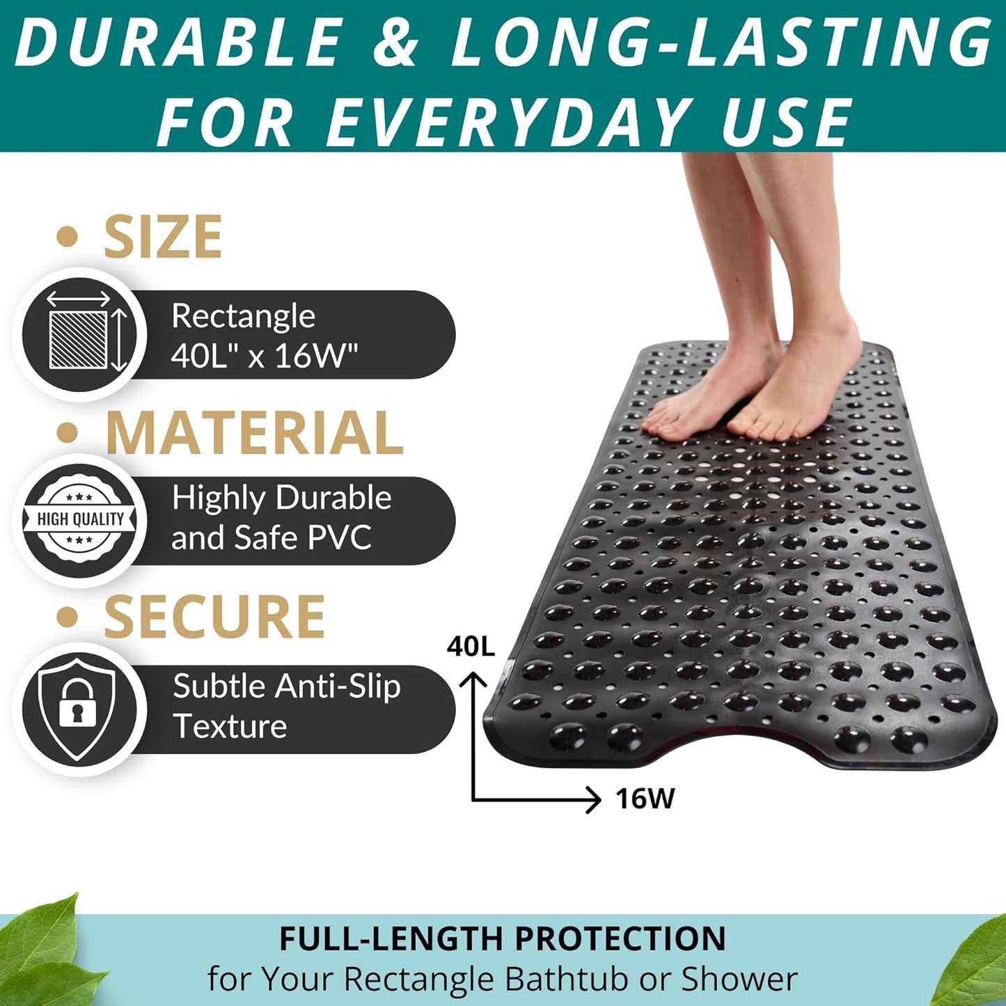 ENKOSI Bath Mat – 40 x 16 Inch Extra Long Non Slip Bathtub Mat – Anti Slip Black Shower Mat with Suction Cups – Bathroom Mat for Tub and Smooth Shower Floors (Black 40x16)