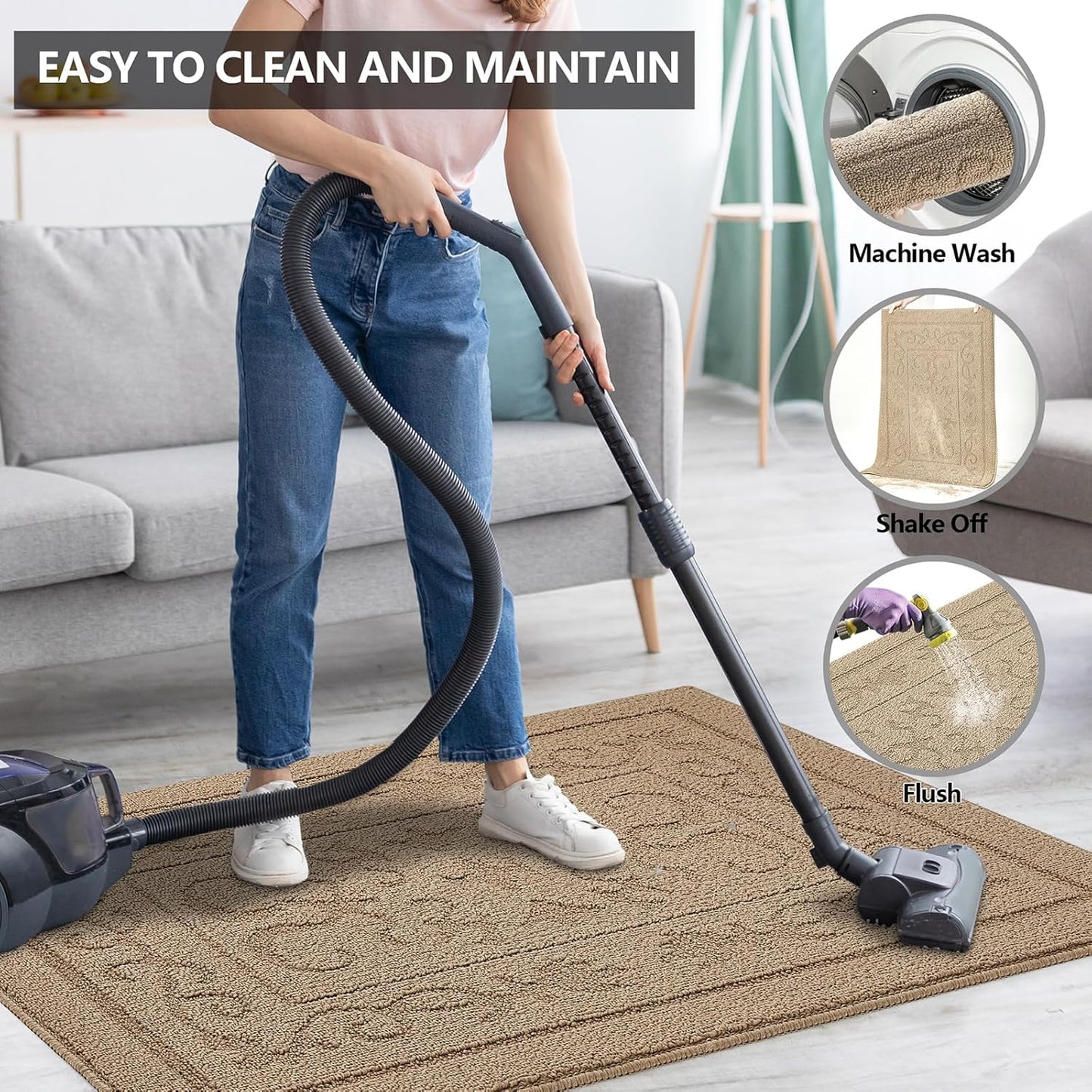 FONEYI Indoor Door Mat 20" x 32", Dirt Trapper Door Mats Non-Slip Entryway Rugs Washable, Absorbent Resist Dirt Welcome Mat, Low Profile Inside Floor Mats for Front Back Door and Entryway, Beige