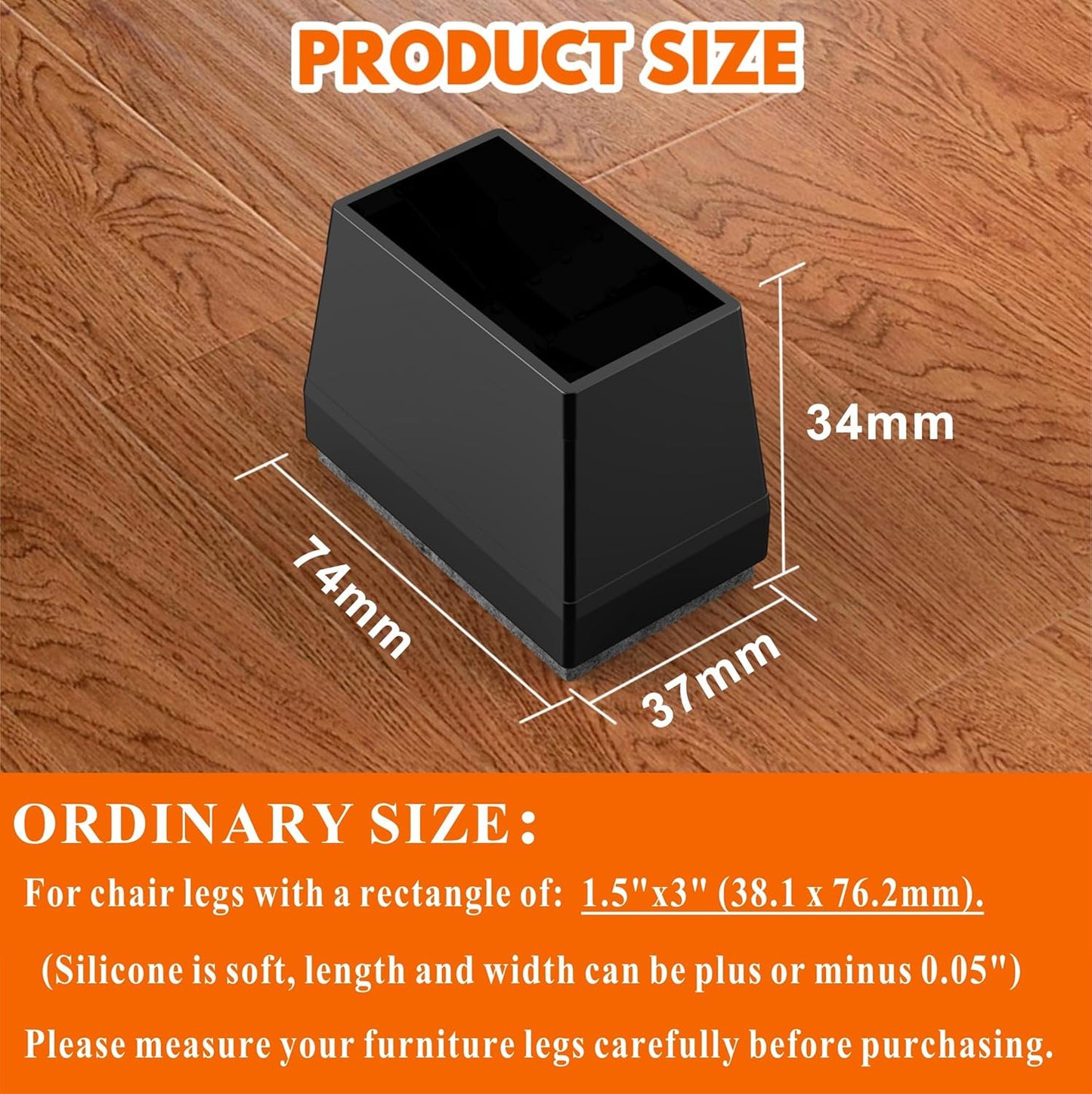 Rectangle Chair Leg Protectors for Hardwood Floors,16 PCS Silicone Covers to Protect Wood Tile Floors Felt Pads Furniture Leg Caps Reduce Noise. Easy to Move. (Black, 1.5 x3, Rectangular)