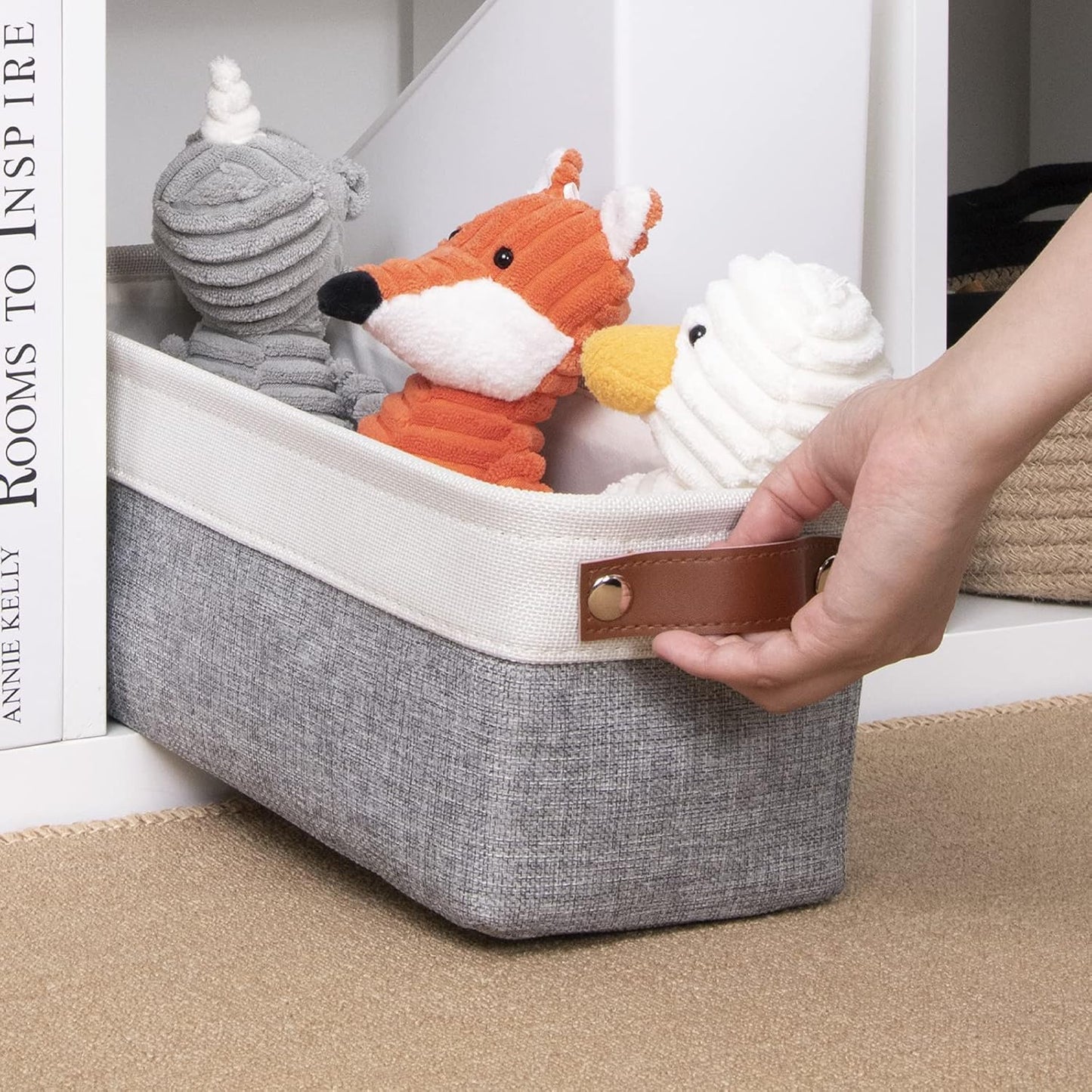 DULLEMELO Fabric Bathroom Storage Bin with Leather Handles, Narrow Organizer for Towels, Toilet Paper Rolls, Storage Basket for Back of Toilet, Vanities, Shelves & Cabinets (White&Gray)