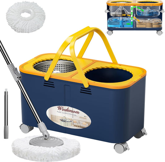 Mop and Bucket with Wringer Set for Home, Spin Mop and Bucket Separate Clean and Dirty Water, Mops for Floor Cleaning with 360°Swivel Wheels & 1 Reusable Microfiber Mop Heads- Blue/Yellow