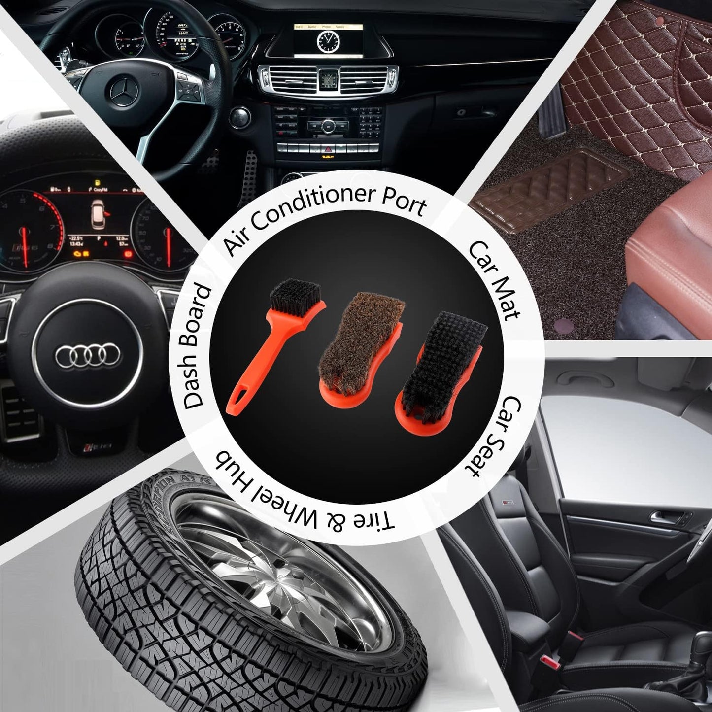 SPTA 3Pcs Car Detailing Brush Kit, Leather & Textile Interior Brush, Comfortable Grip and Scratch-Free Cleaning for Dashboard, Wheels, Seats, Foot Mats and Small Areas, Black