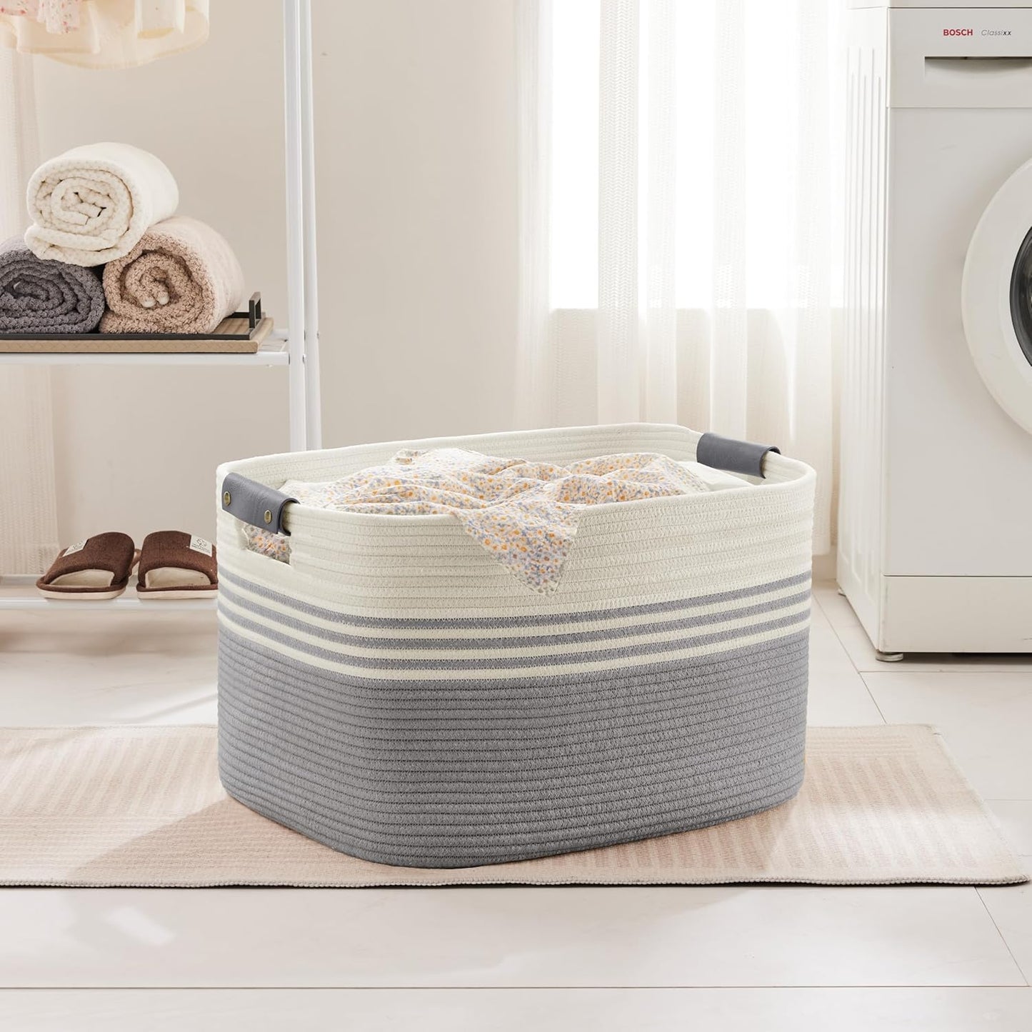 86L Extra Large Laundry Basket with Leather Handles for Living Room Storage, Woven Rope Baskets for Blanket, Kids Toy, Gifts, Wicker Hamper for Bedroom Dirty Clothes, 24"x16"x14" White Grey