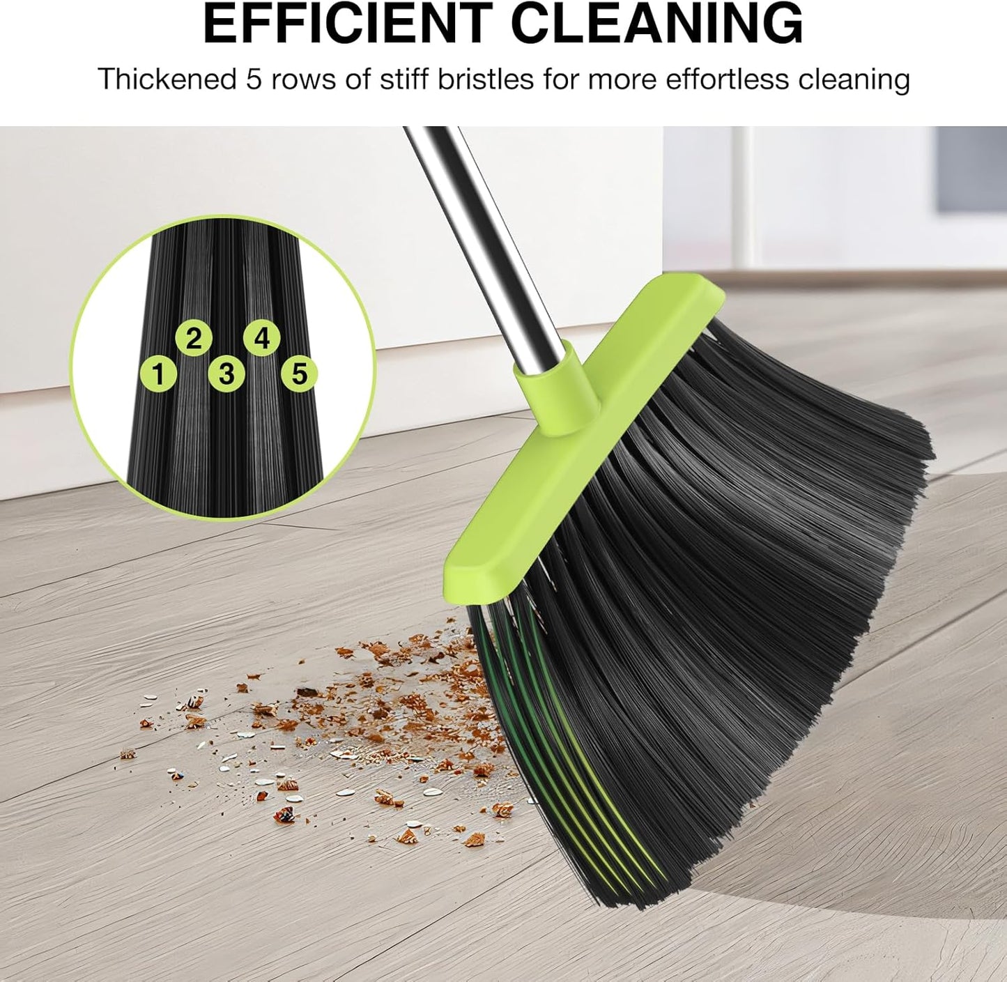 Broom and Dustpan Set, 52-in Long Adjustable Handle Broom Dustpan Combo with Dust pan Teeth to Automatically Clean Hair Suitable for Home Kitchen Office Hall Floor（Green）