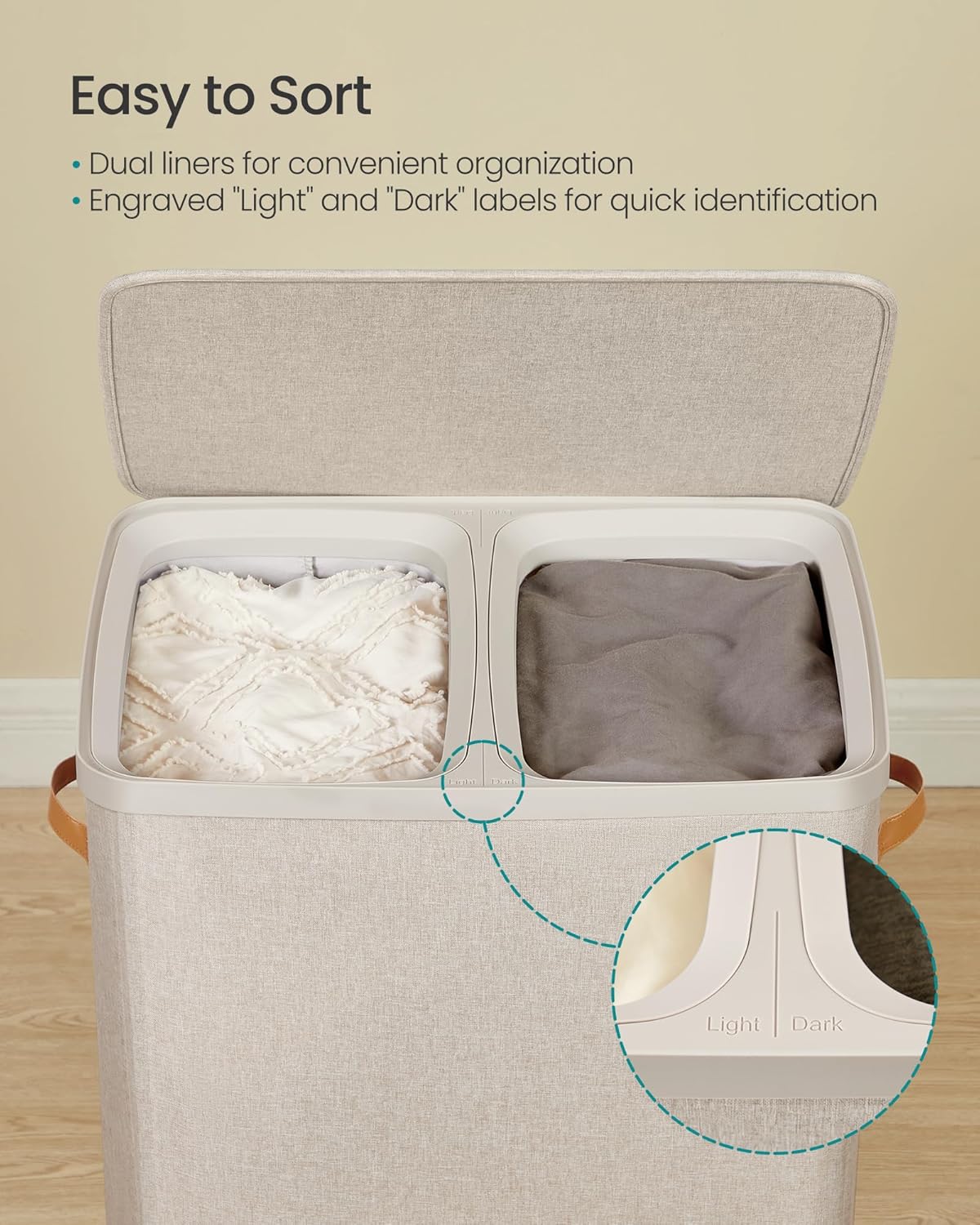 SONGMICS Laundry Basket, 44.9 Gal. Laundry Hamper, 2 Compartments, Easy Assembly, with Lid and Handles, Removable Liners, 22 x 15.7 x 29.5 Inches, Cappuccino Beige ULCB813L01