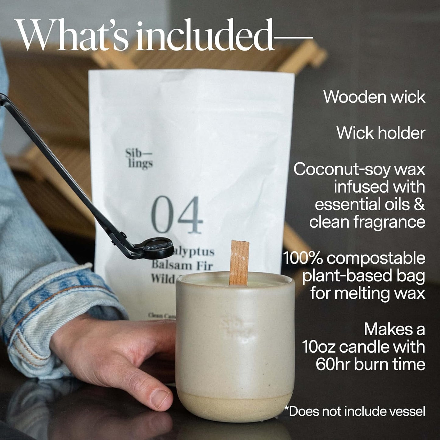 Siblings Candle Making Kit | DIY Coconut-Soy Wax Candle Kit with Wooden Wick | Scent No 08: Honeysuckle, Peony, Amber | Clean, Non-Toxic, Reusable, 60 Hr Burn