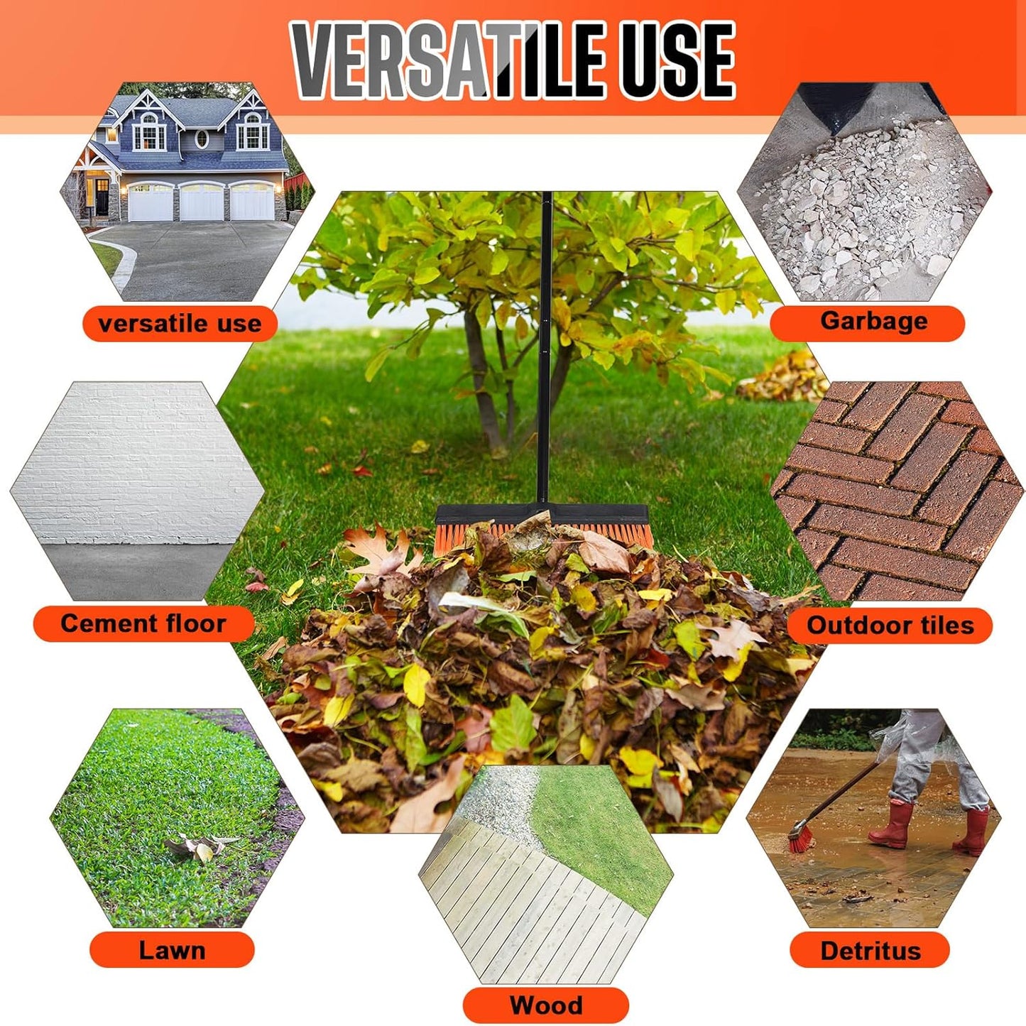 Zhehao 6 Pack 18 Inches Push Broom Outdoor, Multi Surface Garden Brush Broom with Adjustable 63" Long Handle for Deck, Driveway, Patio, Warehouse, Garage, Yard, Concrete Floor Cleaning (Orange)