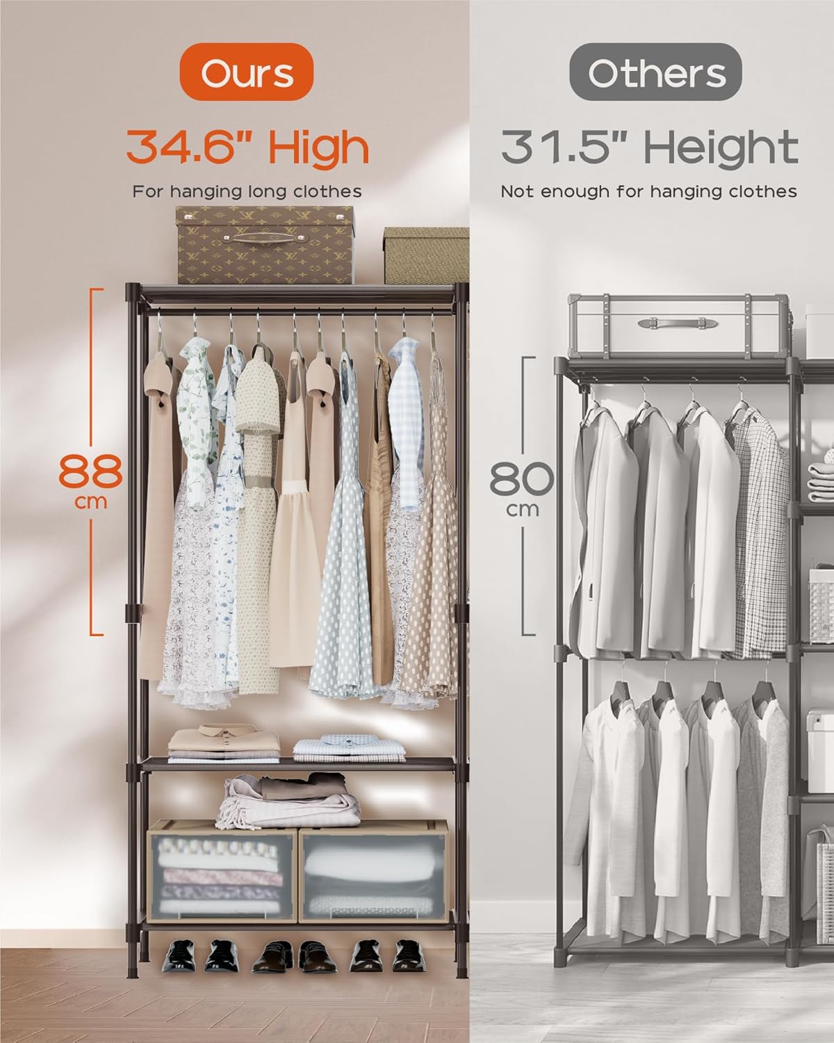 Clothes Rack, Portable Closet, 71.7 Inch Large Capacity Wardrobe Closet, Clothes Storage Organizer with Shelves and 3 Hanging Rods, Easy to Assembly, Black PCT035B01
