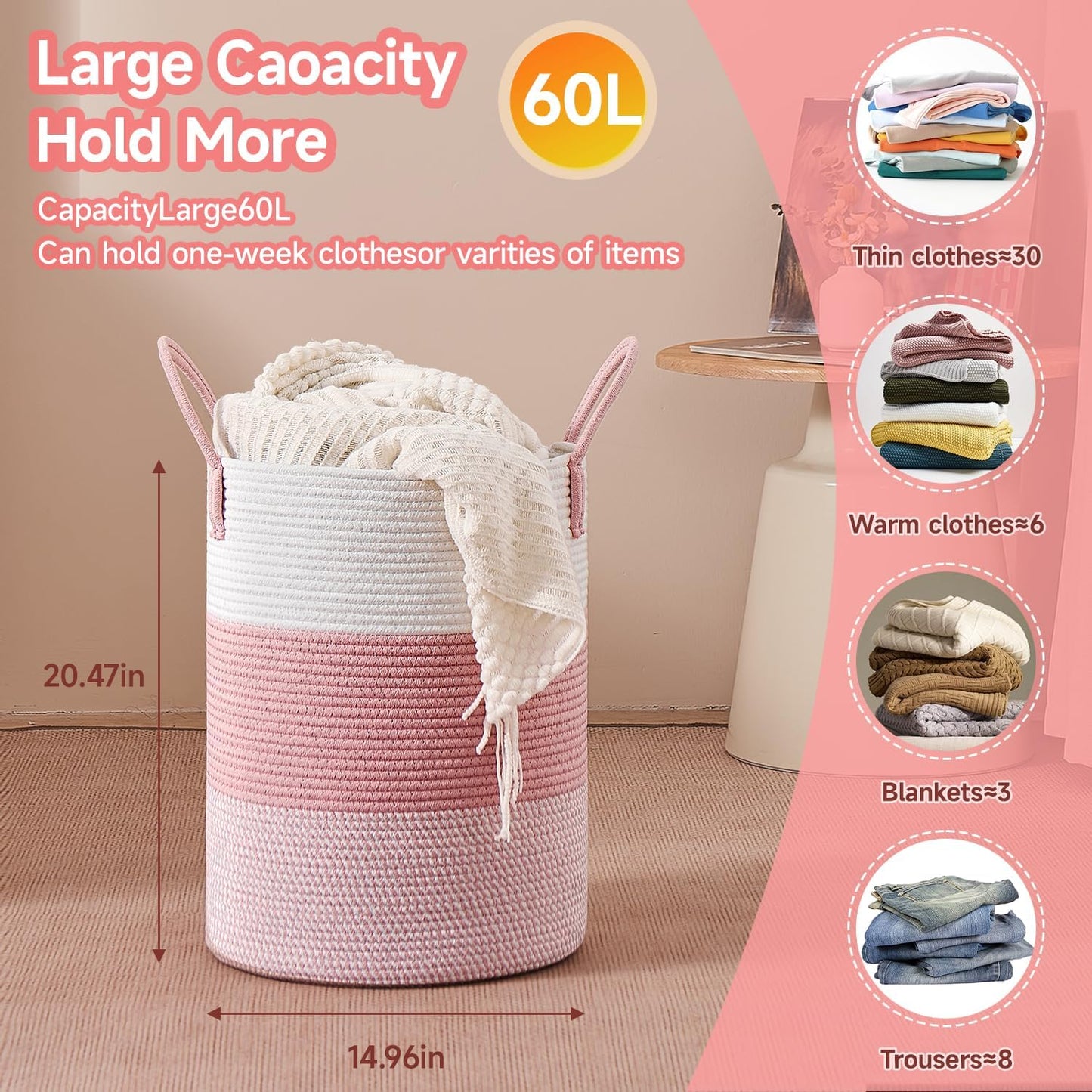 CLHMILY&Z 60L Laundry Basket Round Storage Rope Basket - 15x20.5 Inches - Pink Hamper in Bedreoom and Cute Storage Bin for Blankets, Toys, and Nursery Essentials
