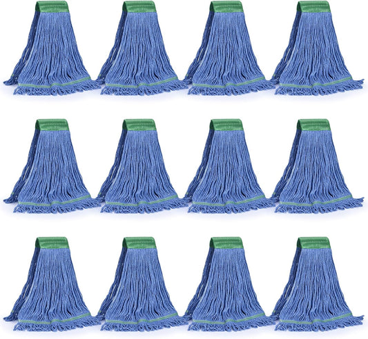 Matthew Cleaning Commercial Mop Head Replacement, 5 Inch Wide Headband, Looped End Cotton Blend String Wet Mops for Floor Cleaning, 28 oz Extra Large, Case Pack 12 Pcs Blue