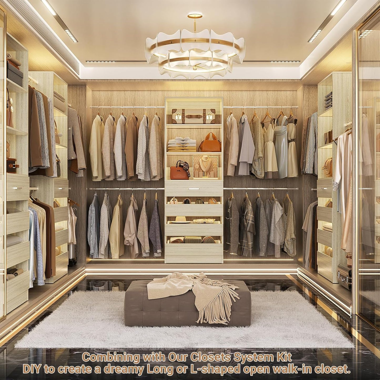 Aheaplus Closet System, 4-9Ft Closet Organizer with 4 Wooden Drawers, Wood Closet Organizer System with Tower, Walk-in Closet Organizer Wardrobe Garment Clothes Rack with 4 Hanging Rods, 2White Oak