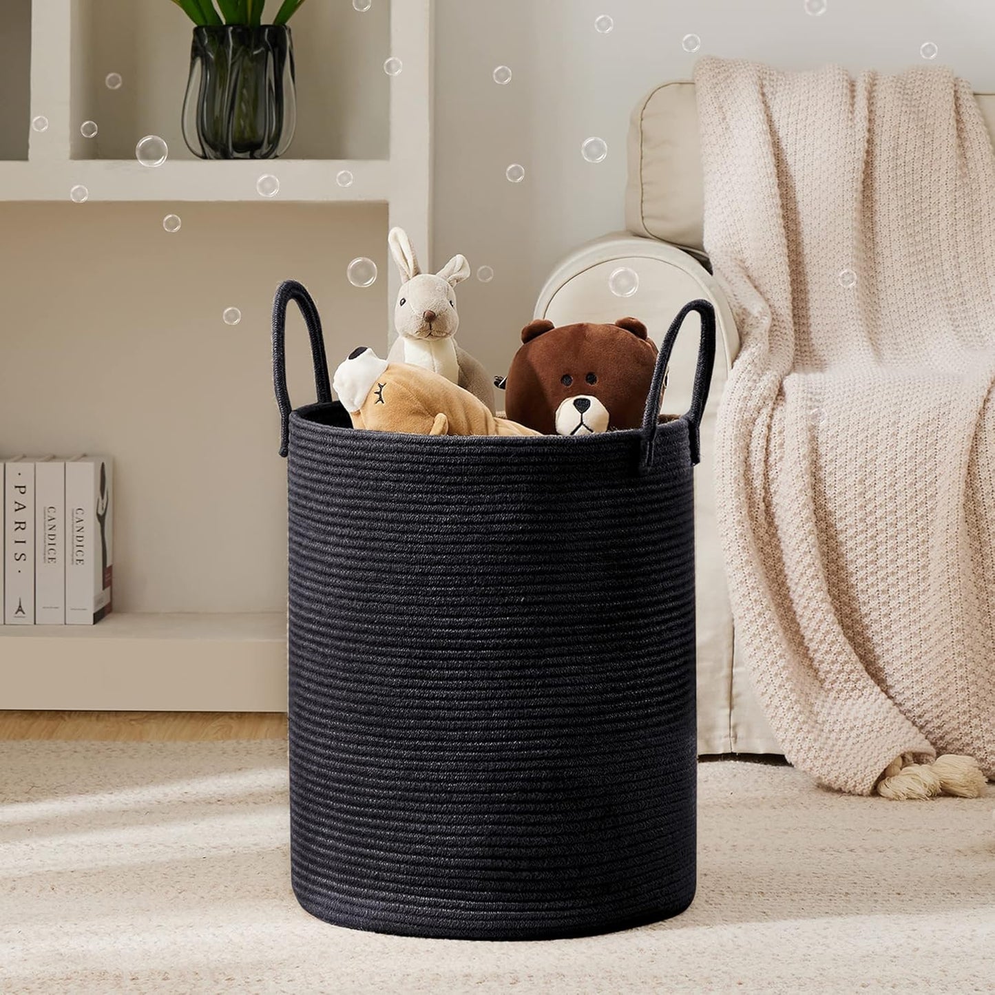 YOUDENOVA Woven Rope Laundry Hamper Basket, 58L Tall Laundry Basket, Baby Nursery Hamper for Blanket Storage in Bedroom-Large- Black