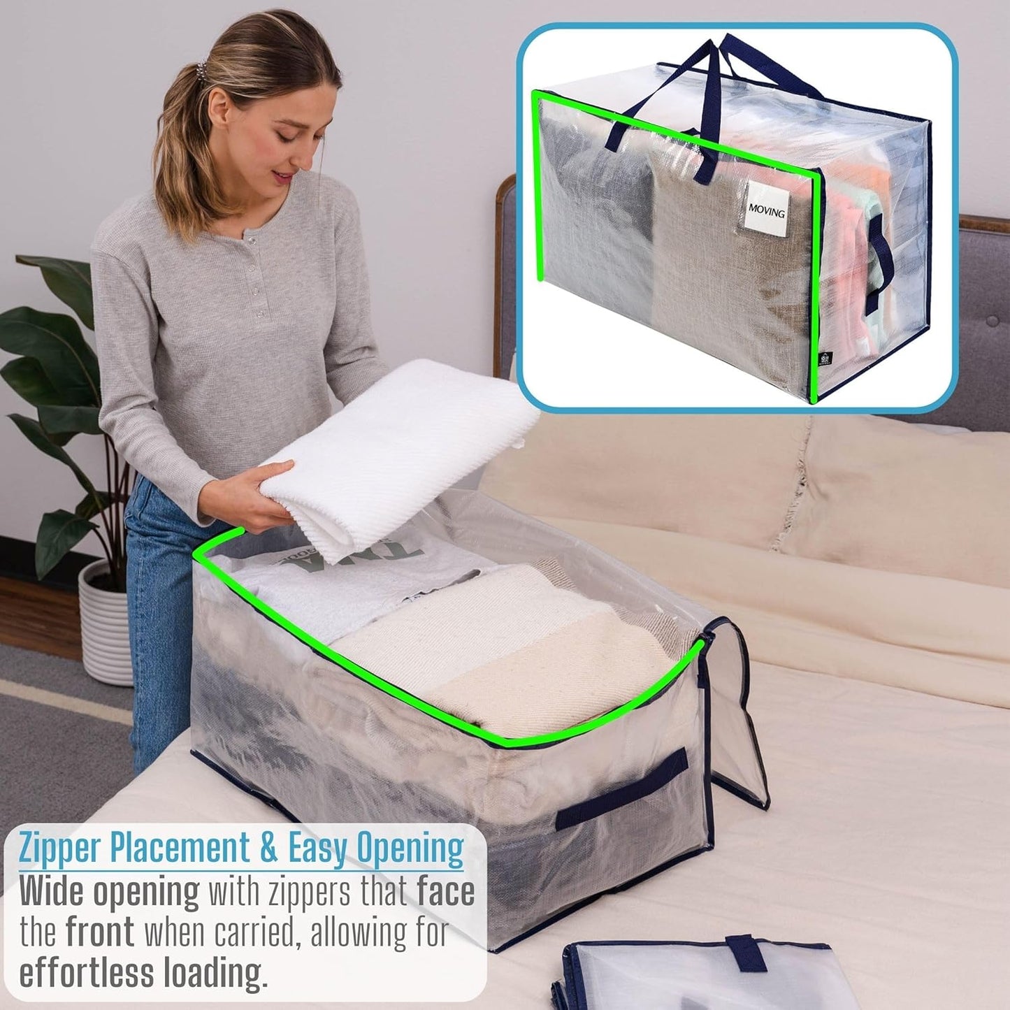 VENO 4 Pack Moving and Storage Bags, Heavy Duty, Alternative to Moving Boxes, Large Packing Totes Supplies for College Dorm Room with Zipper for Clothes, Wide Open Design (Clear, 4 Pack)