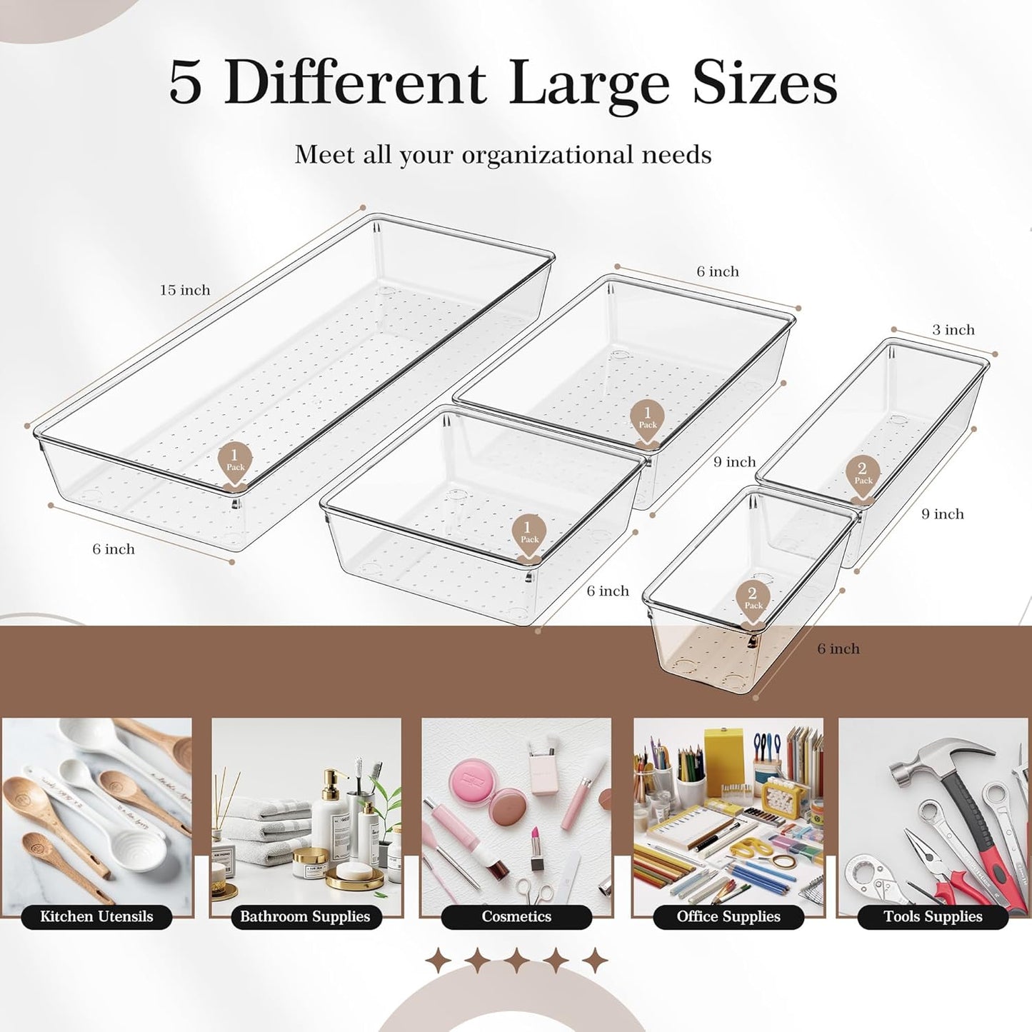 Criusia Clear Drawer Organizer 7 PCS - 5 Size Plastic Versatile Kitchen and Bathroom Organizer Trays, Non-Slip Storage Bins for Makeup, Utensils, Tool and Office Desk