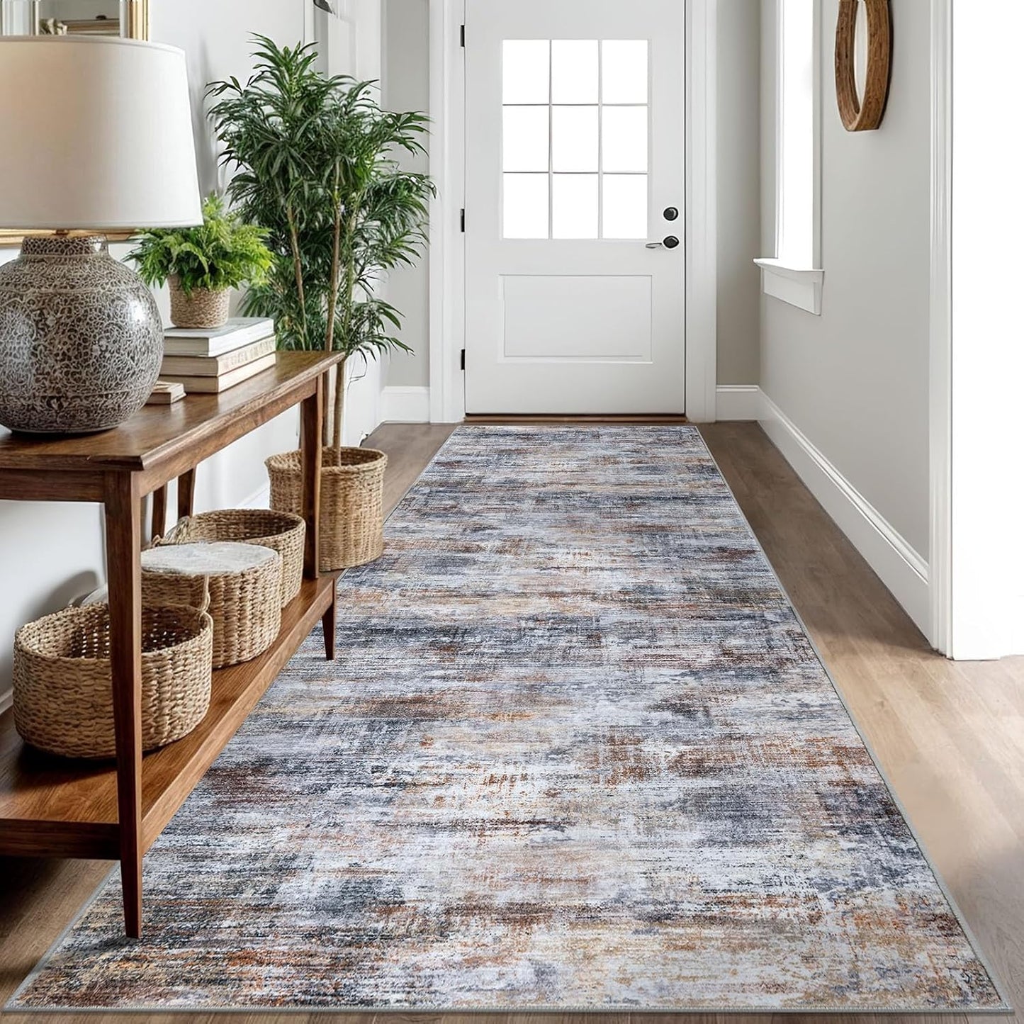 IOHOUZE Abstract Runner Rug 3x10 Ft Washable Runners for Hallways, Non Slip Kitchen Runner Printed Faux Wool Entryway Runner Indoor, Modern Abstract Floor Carpet for Hall Bedroom, Orange Grey