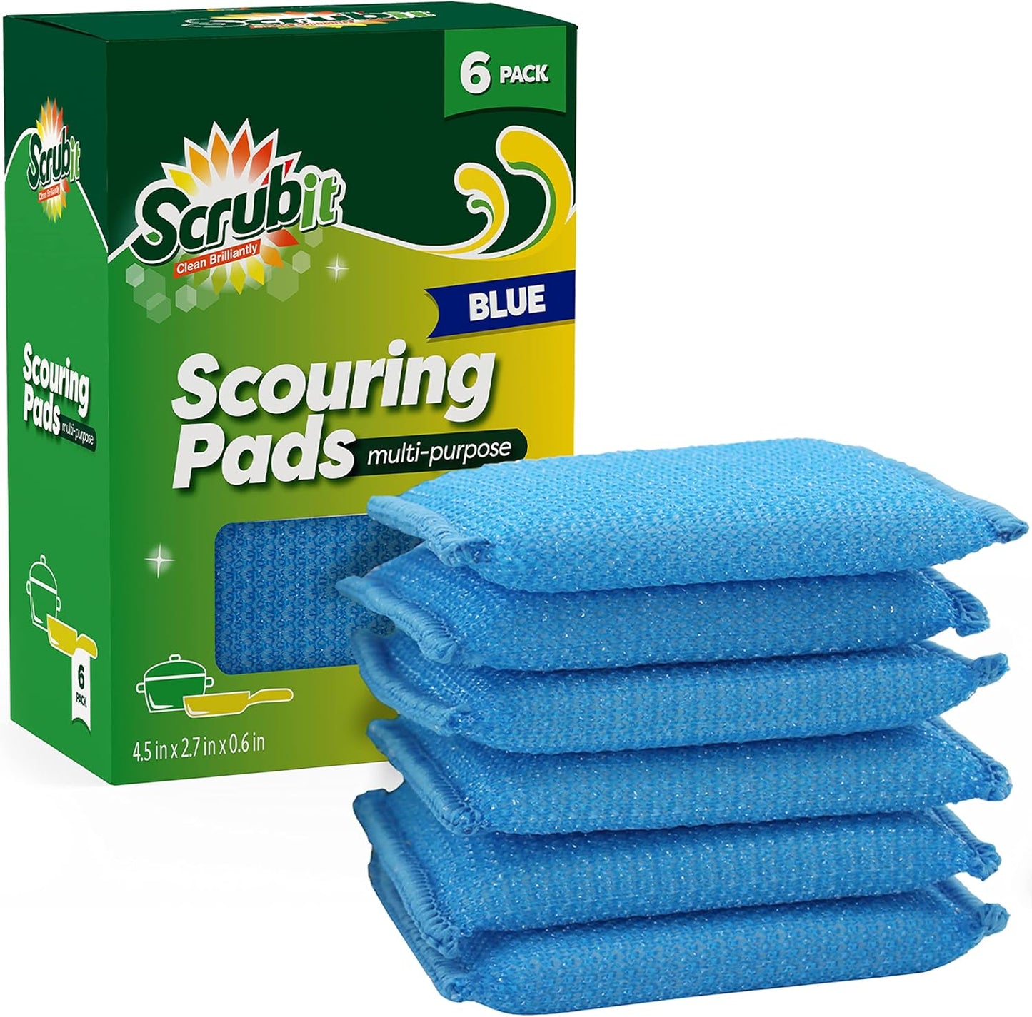 SCRUBIT Multi-Purpose Scouring Pad - Non-Scratch Cleaning Sponges for Pots, Pans, Dishes, Utensils & Non-Stick Cookware - Scrubbing Pads Use for Kitchen, Bathroom - 6 Pack Dish Sponge - (Blue)