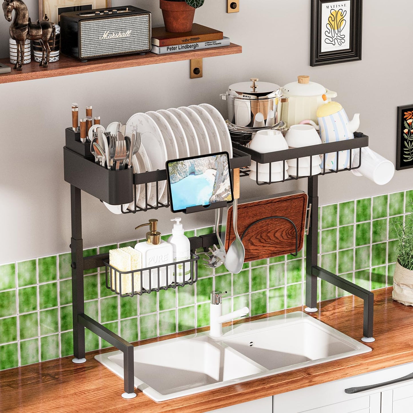 Over The Sink Dish Drying Rack, Expandable Height and Length, 2 Tier Large, Stainless Steel, 24-35.5 inches L x 12 inches W x 19-22 inches H