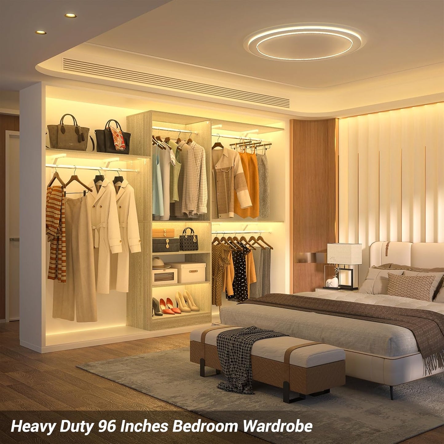 8FT Closet System with Shelves, 96'' Closet Organizer System with 3 Hanging Rods, Wall Mount Bedroom Wardrobe Walk-in Closet, Adjustable Cloth Garment Rack from 5 to 8FT(Cut to Fit), White Oak