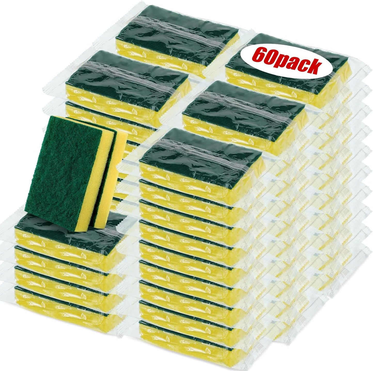 Tanlade 60 Pcs Individually Wrapped Sponge Dishwashing Sponge Bulk Non Scratch Scrub Sponges Kitchen Scouring Pad for Household Cleaning Rental Dishes Hotel Apartment Car (Yellow,Green)