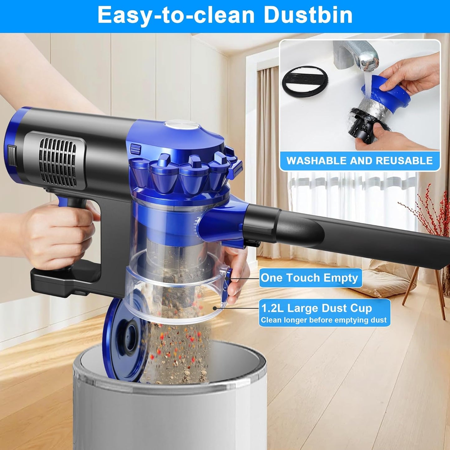 iwoly Cordless Vacuum Cleaner with 28KPa Powerful Suction, Brushless Motor, HEPA Filter, 3 Modes, Detachable Battery, 2-in-1 Stick & Handheld Vacuum for Home Hard Floor Pet Hair