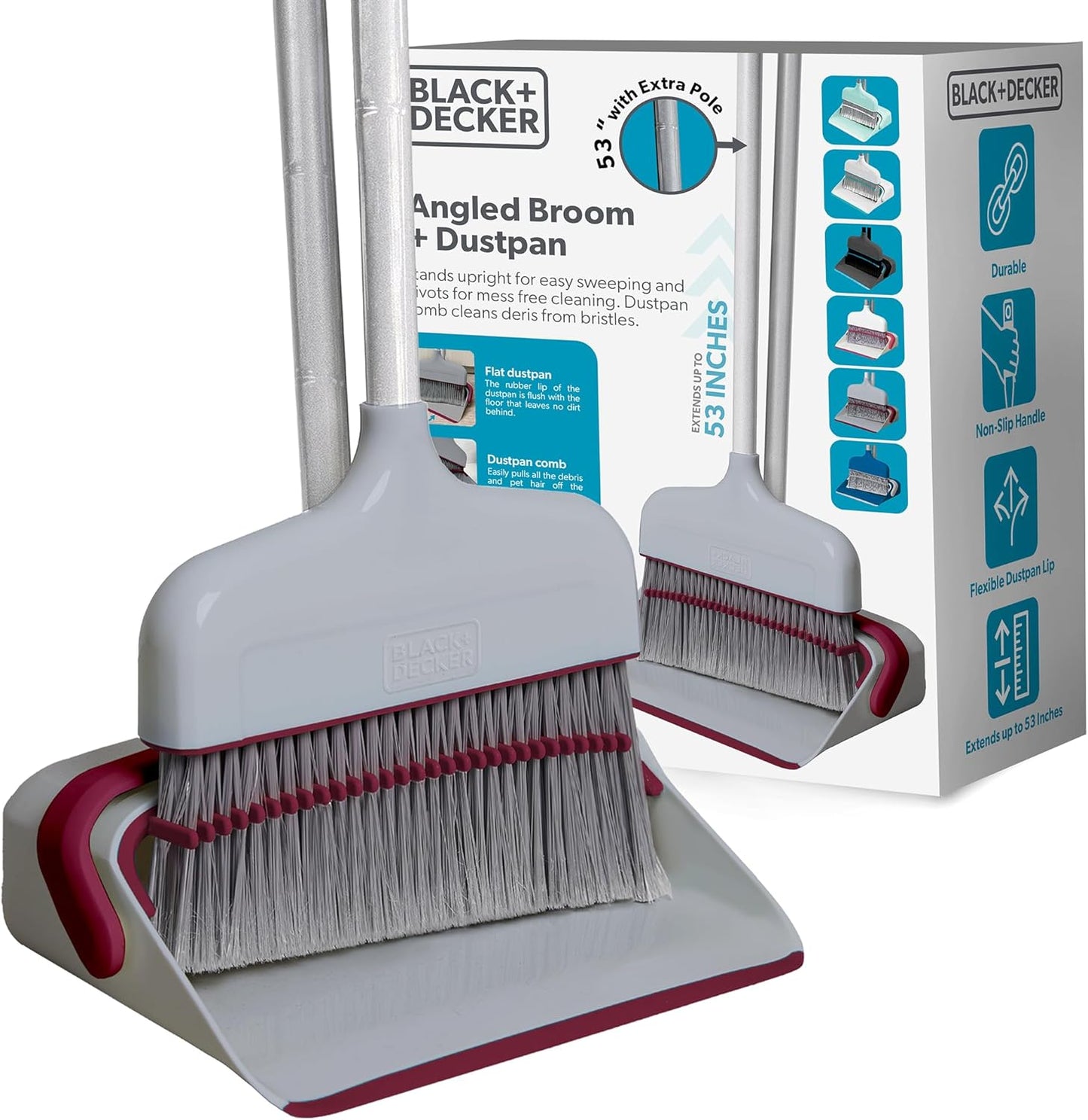 BLACK+DECKER Butler Broom & Dustpan Set - Stand-Up Design - Lightweight, Space-Saving Combo for Kitchen, Living Room, Bathroom, Lobby Floors - Home Cleaning Essential, Light Gray/Burgundy