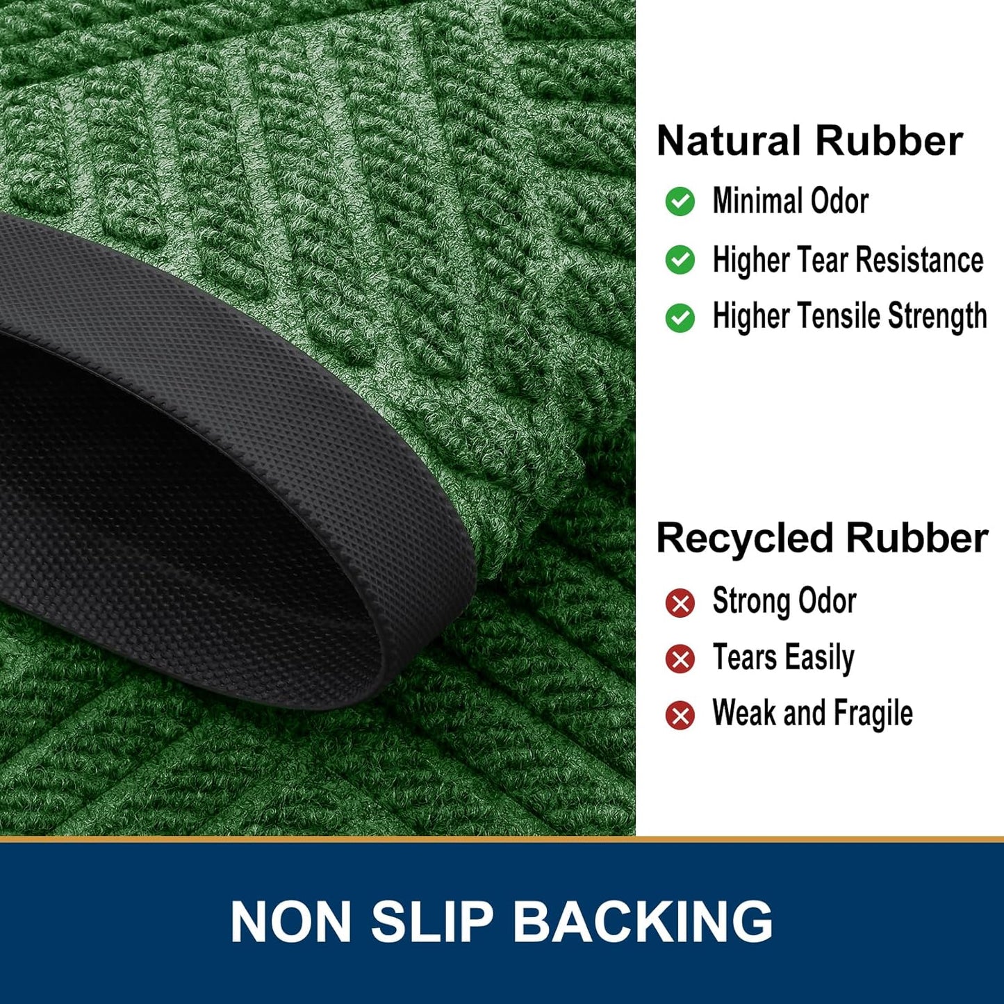 Smiry Front Door Mat Outside Entrance, Heavy Duty Outdoor Indoor Natural Rubber Doormat, Non Slip, Trap Dirt and Moisture, Easy Clean, Low Profile Patio Porch Entryway Mat, 59x35, Green